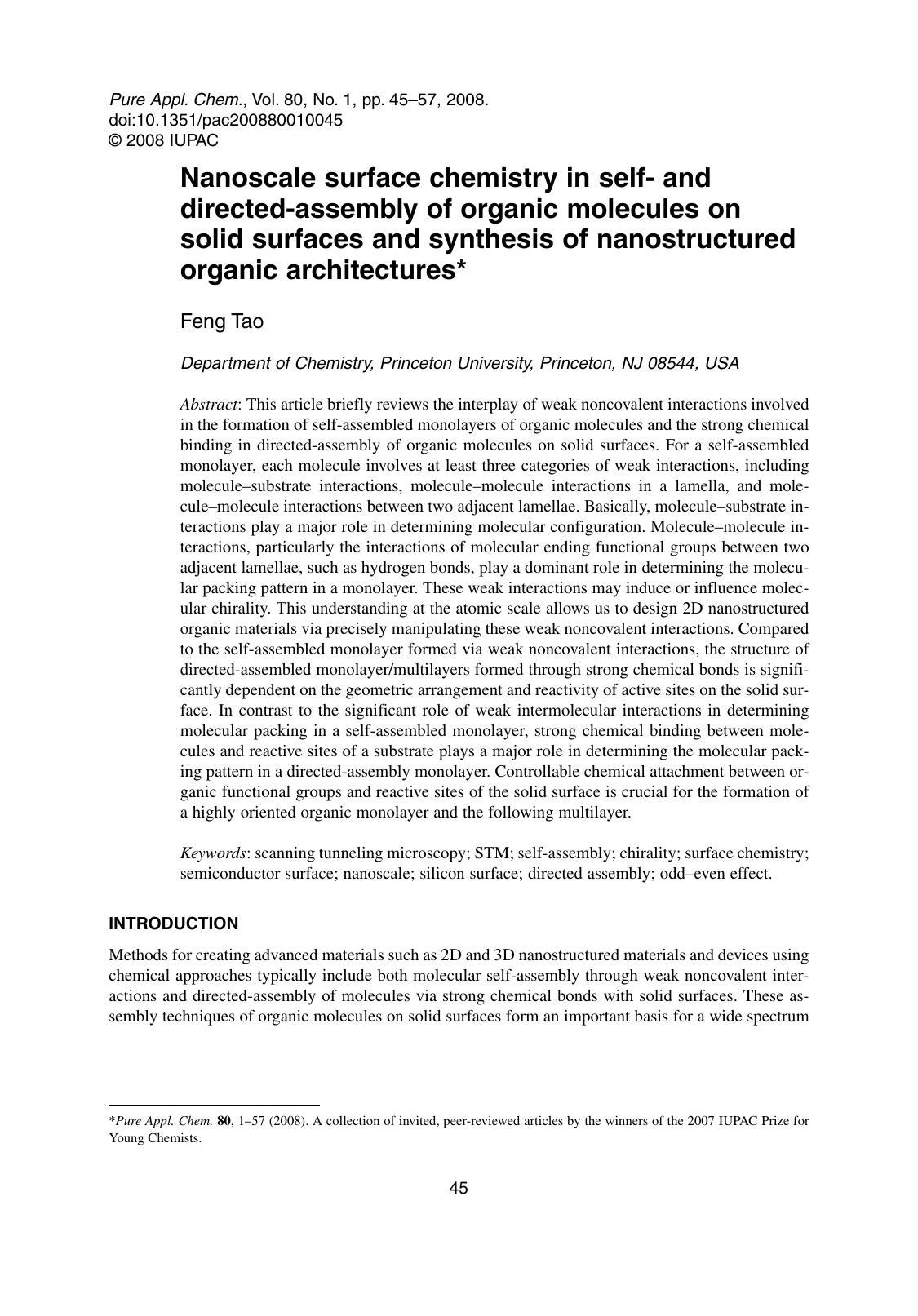 Nanoscale surface chemistry in self- and directed-assembly of organic molecules on solid surfaces and synthesis of nanostructured organic architectures by Feng Tao