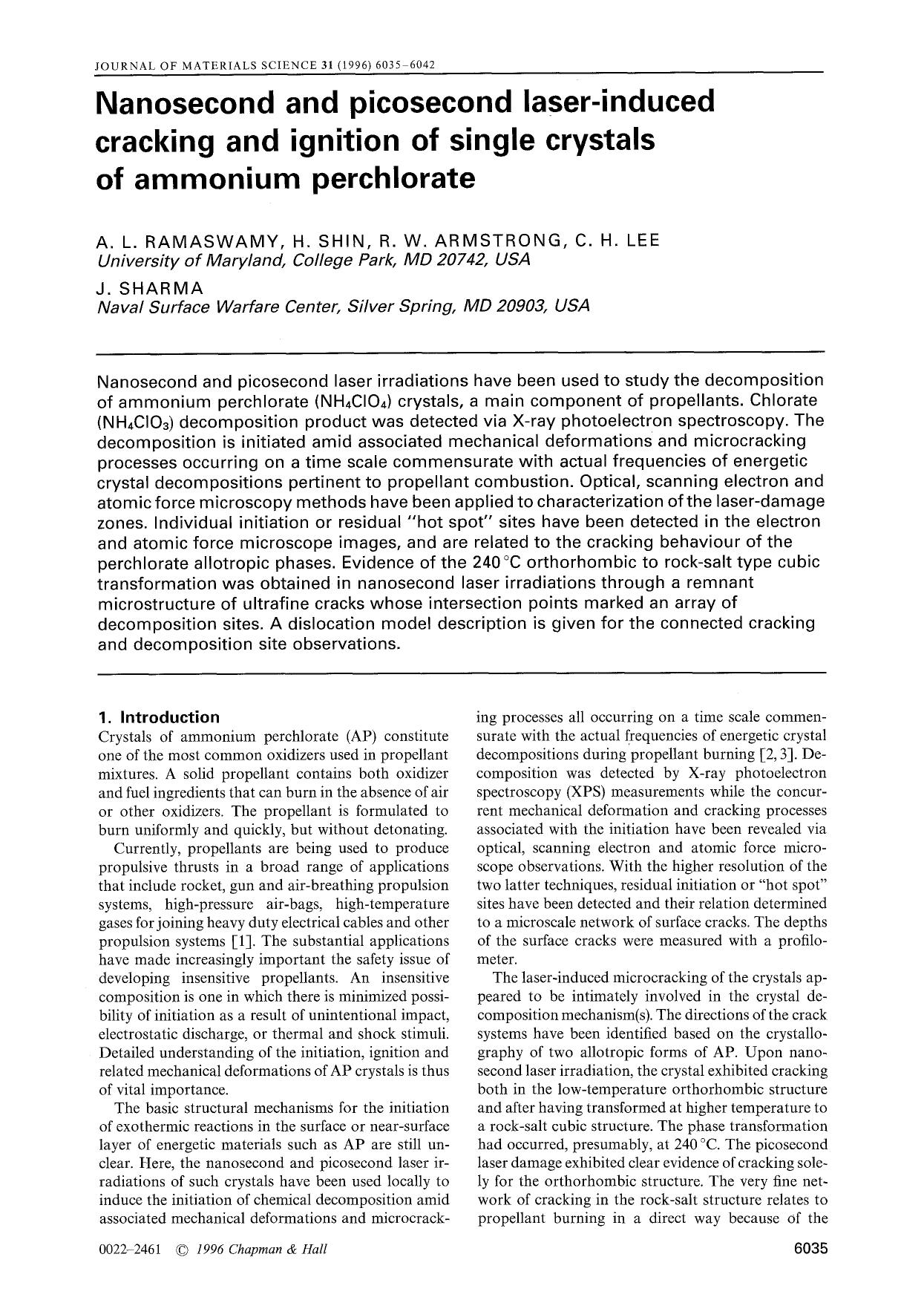 Nanosecond and picosecond laser-induced cracking and ignition of single crystals of ammonium perchlorate by Unknown