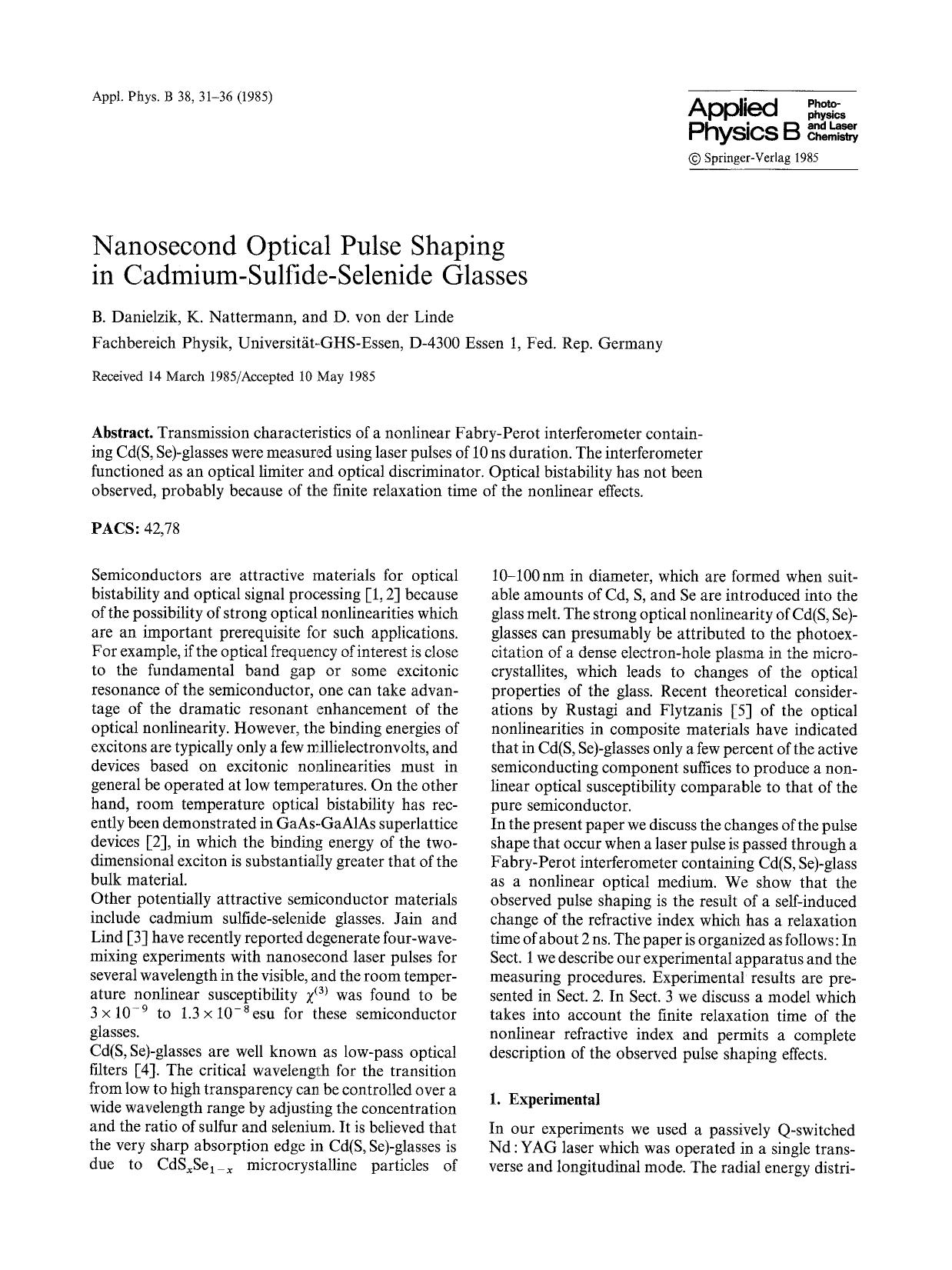 Nanosecond optical pulse shaping in cadmium-sulfide-selenide glasses by Unknown