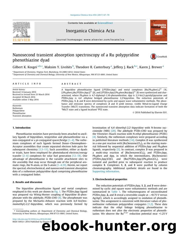 Nanosecond transient absorption spectroscopy of a Ru polypyridine phenothiazine dyad by Gilbert K. Kosgei & Maksim Y. Livshits & Theodore R. Canterbury & Jeffery J. Rack & Karen J. Brewer