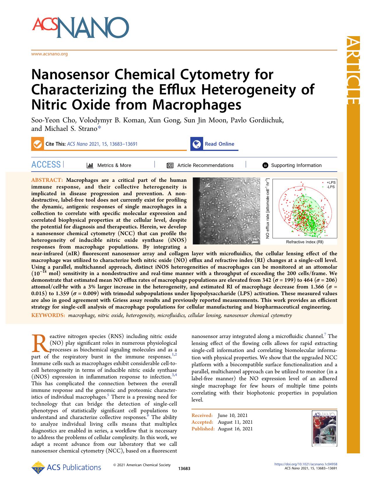 Nanosensor Chemical Cytometry for Characterizing the Efflux Heterogeneity of Nitric Oxide from Macrophages by Soo-Yeon Cho Volodymyr B. Koman Xun Gong Sun Jin Moon Pavlo Gordiichuk and Michael S. Strano