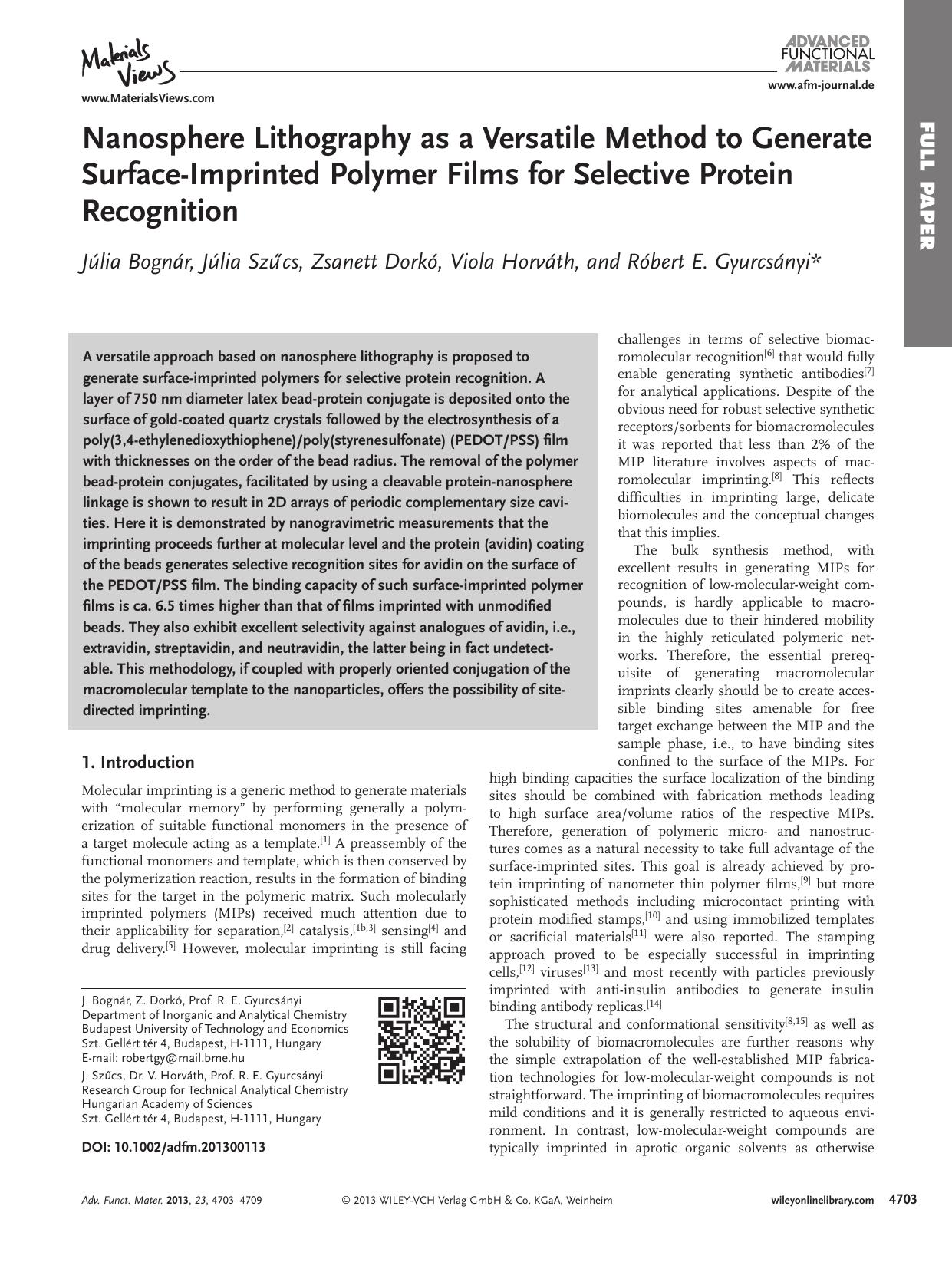 Nanosphere Lithography as a Versatile Method to Generate SurfaceImprinted Polymer Films for Selective Protein Recognition by s-w-270