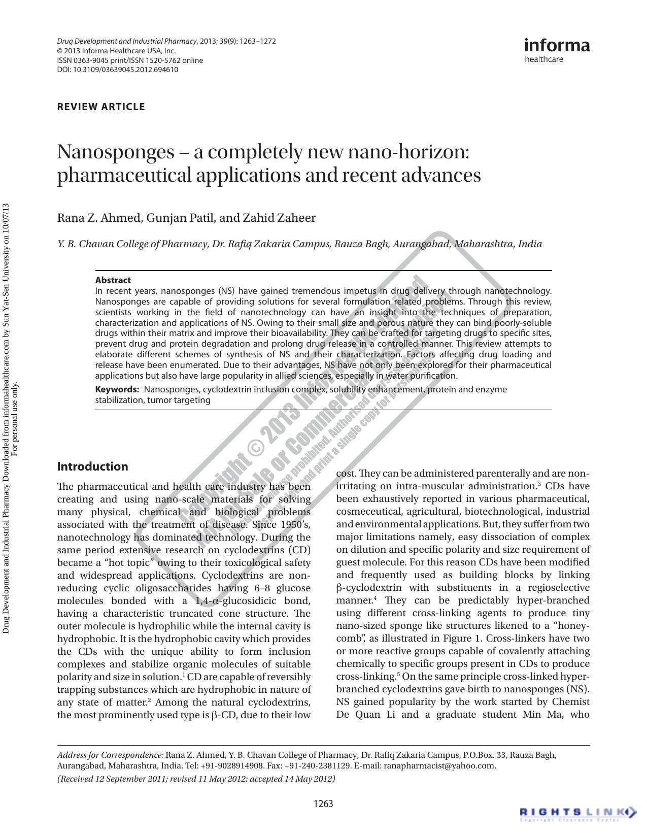 Nanosponges â a completely new nano-horizon: pharmaceutical applications and recent advances by Rana Z. Ahmed Gunjan Patil Zahid Zaheer