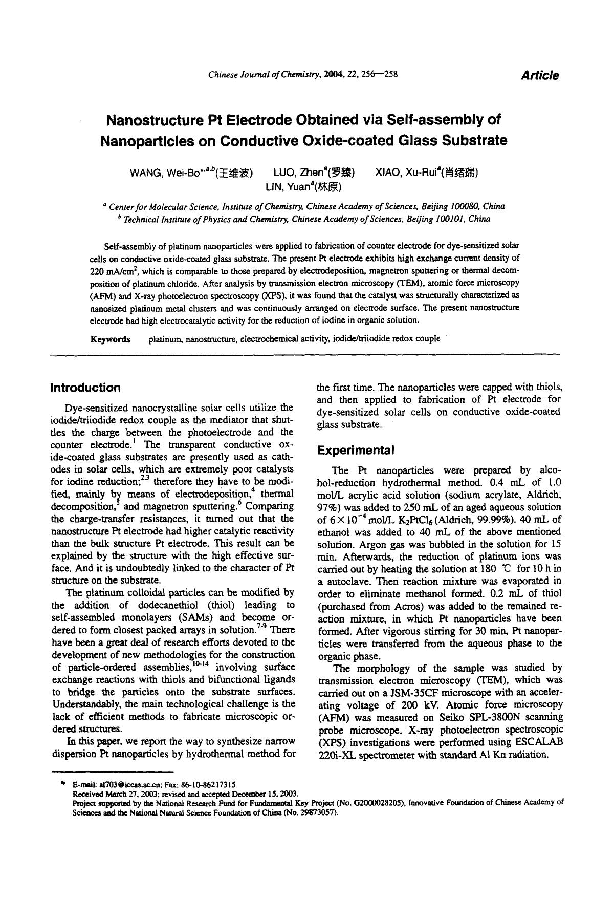 Nanostructure Pt Electrode Obtained via Selfassembly of Nanoparticles on Conductive Oxidecoated Glass Substrate by Unknown