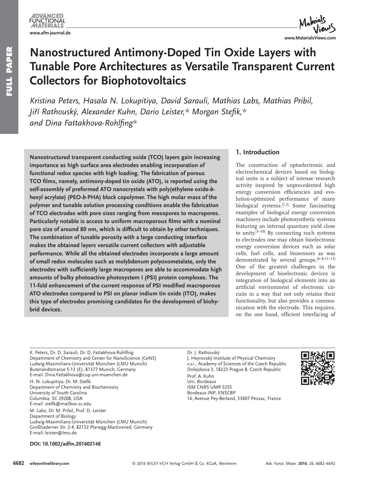 Nanostructured Antimony‐Doped Tin Oxide Layers with Tunable Pore Architectures as Versatile Transparent Current Collectors for Biophotovoltaics by Unknown