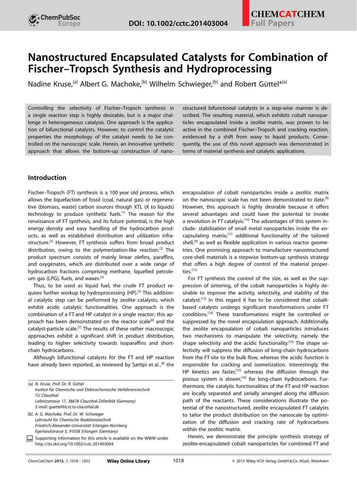 Nanostructured Encapsulated Catalysts for Combination of FischerTropsch Synthesis and Hydroprocessing by Unknown