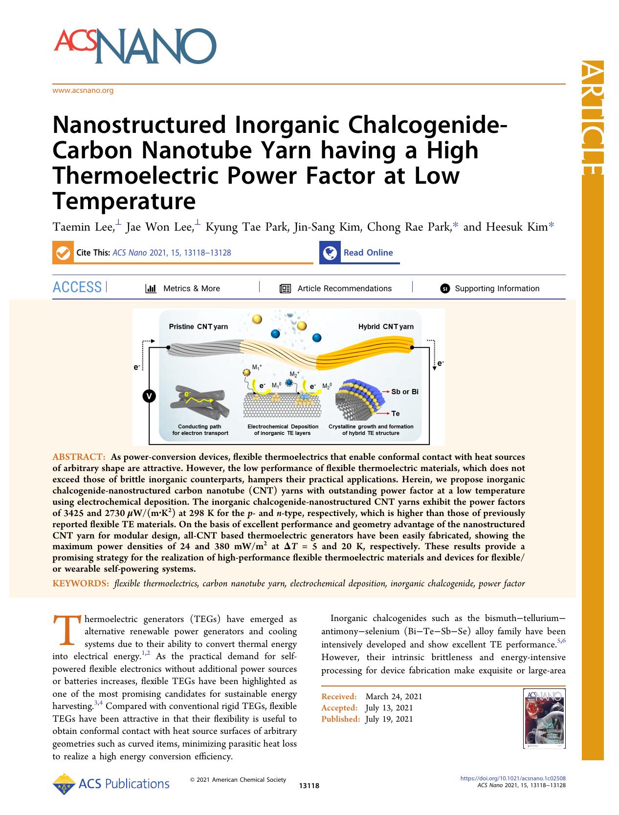 Nanostructured Inorganic Chalcogenide-Carbon Nanotube Yarn having a High Thermoelectric Power Factor at Low Temperature by Taemin Lee Jae Won Lee Kyung Tae Park Jin-Sang Kim Chong Rae Park and Heesuk Kim