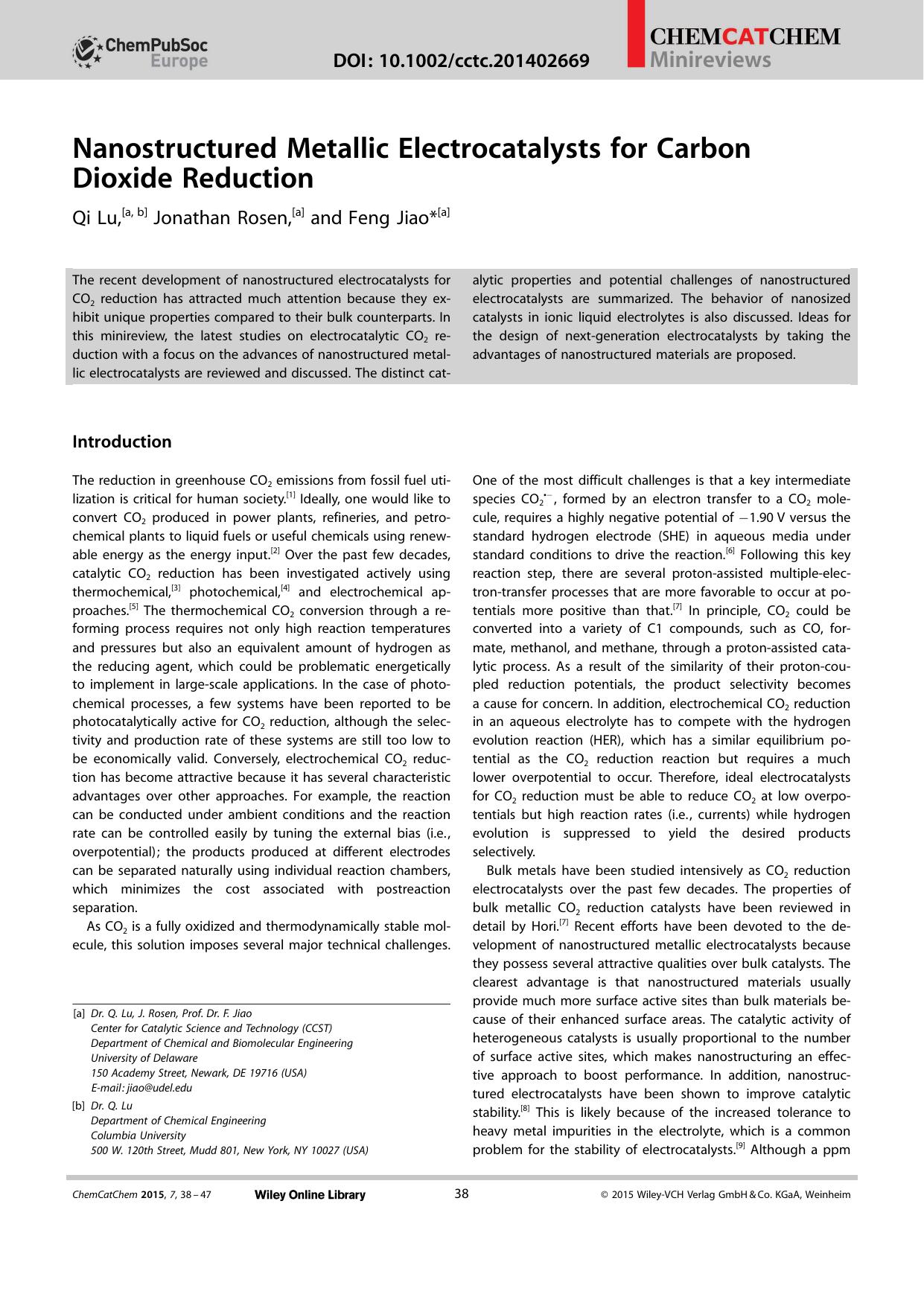Nanostructured Metallic Electrocatalysts for Carbon Dioxide Reduction by Unknown