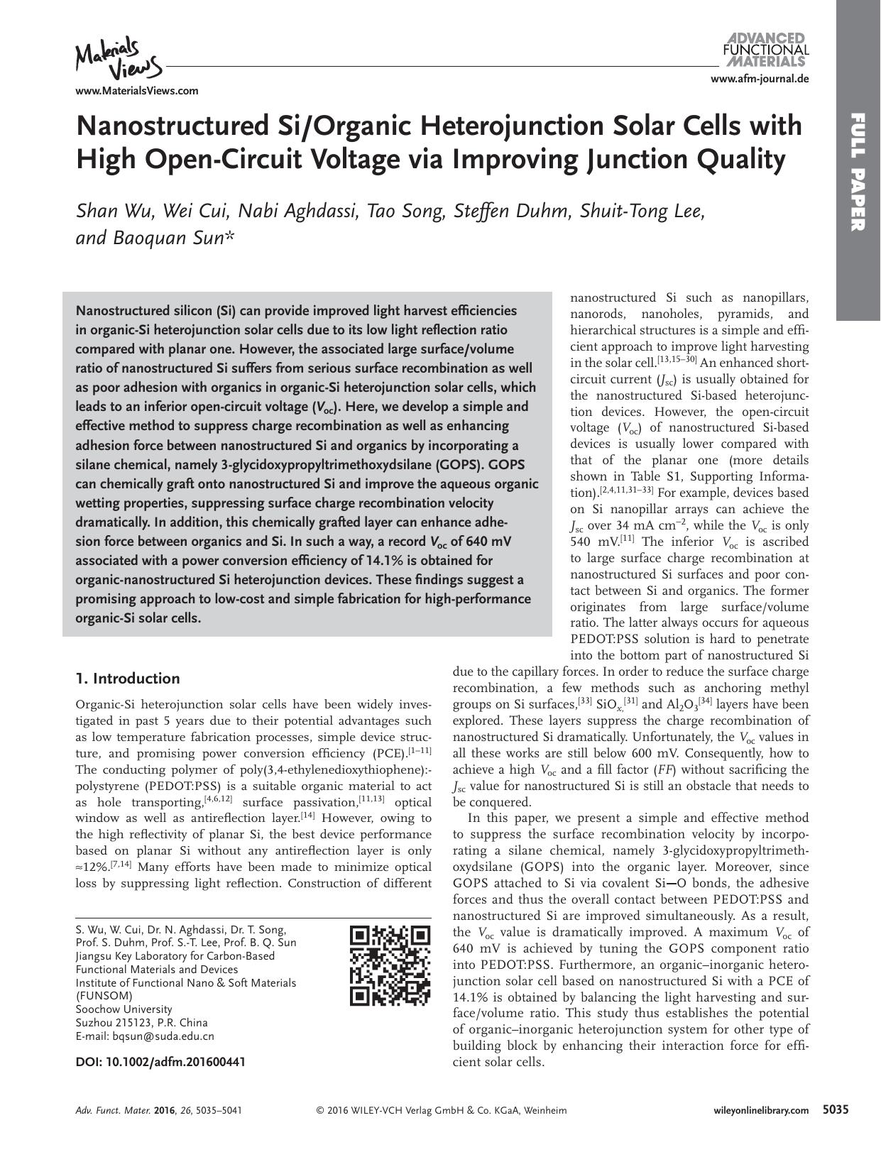 Nanostructured SiOrganic Heterojunction Solar Cells with High Open‐Circuit Voltage via Improving Junction Quality by Unknown