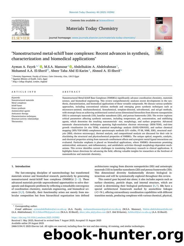 Nanostructured metal-schiff base complexes: Recent advances in synthesis, characterization and biomedical applications by unknow