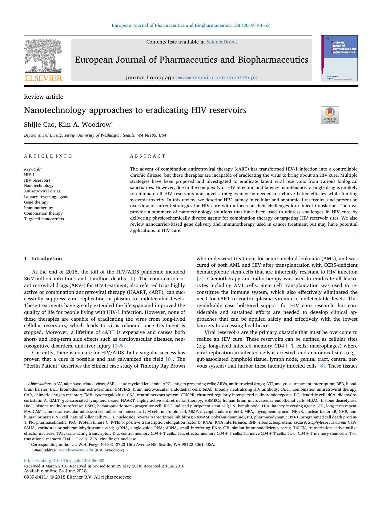 Nanotechnology approaches to eradicating HIV reservoirs by Shijie Cao & Kim A. Woodrow