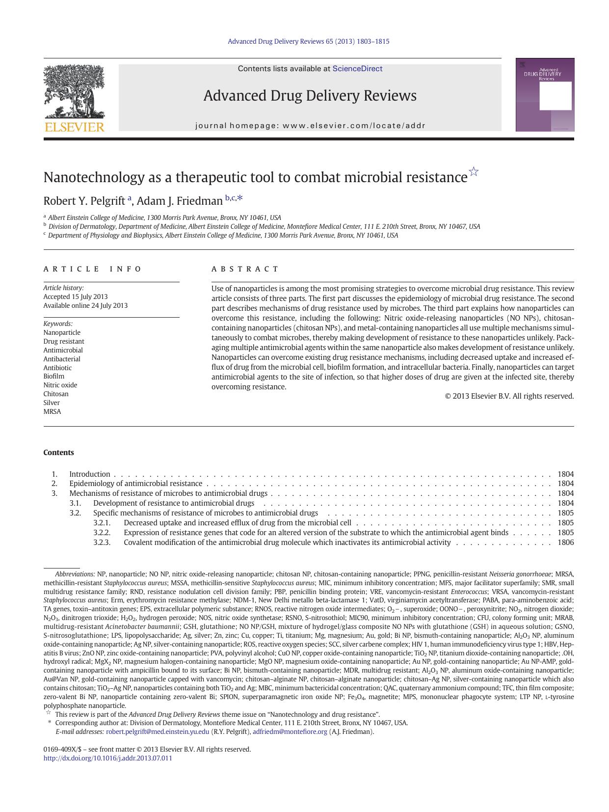 Nanotechnology as a therapeutic tool to combat microbial resistance by Robert Y. Pelgrift & Adam J. Friedman