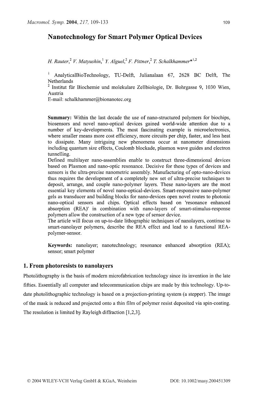 Nanotechnology for Smart Polymer Optical Devices by Unknown
