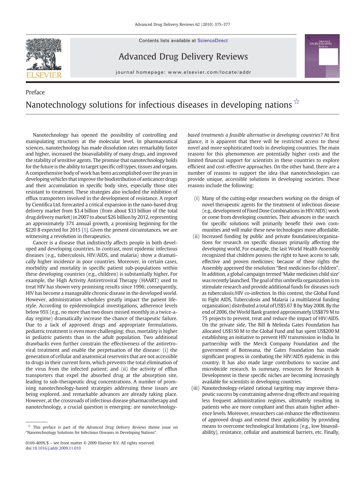 Nanotechnology solutions for infectious diseases in developing nations by Alejandro Sosnik; Mansoor Amiji