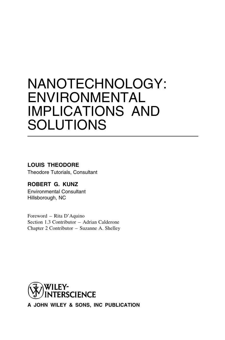 Nanotechnology: Environmental Implications and Solutions by Louis Theodore Robert G. Kunz