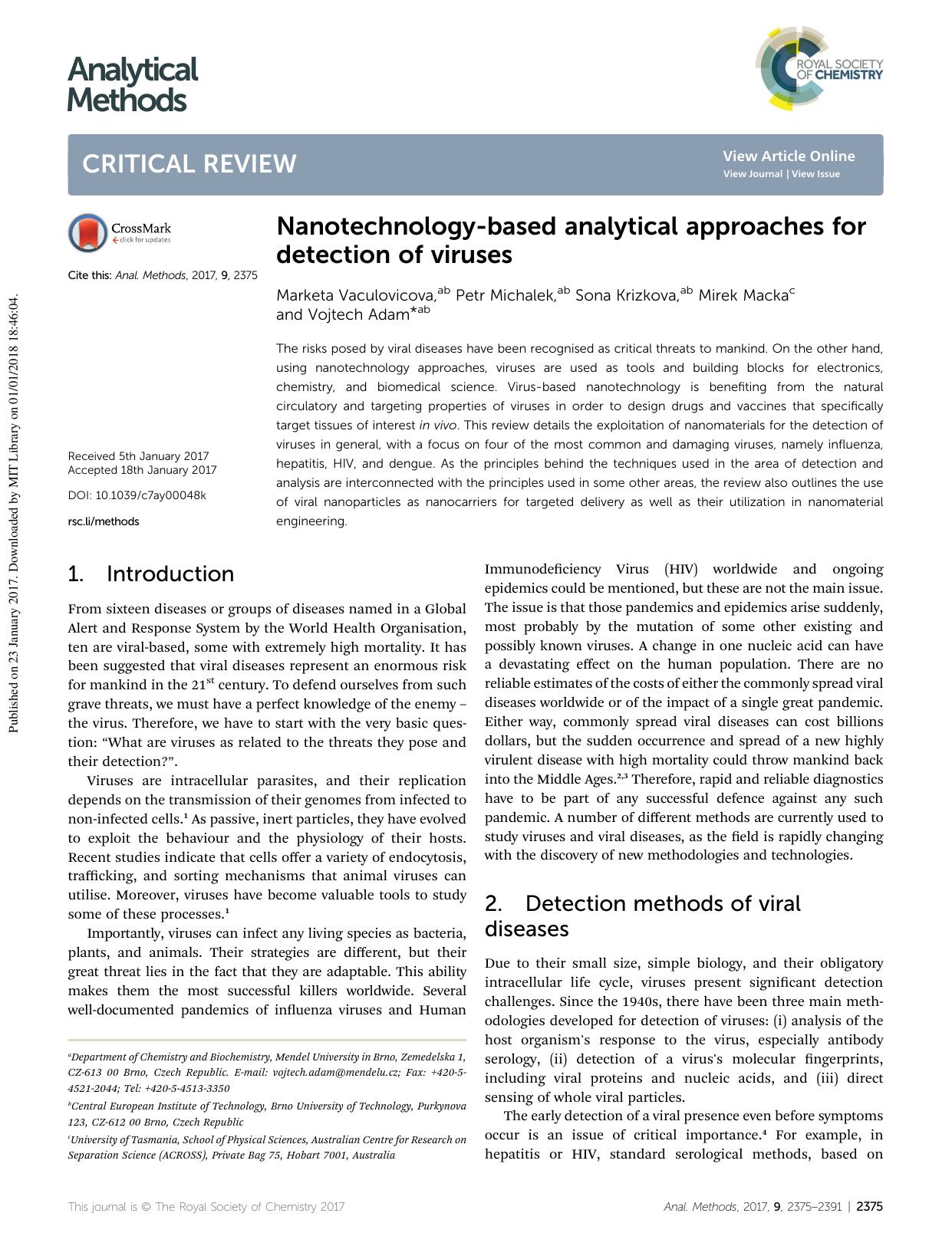 Nanotechnology-based analytical approaches for detection of viruses by Marketa Vaculovicova & Petr Michalek & Sona Krizkova & Mirek Macka & Vojtech Adam