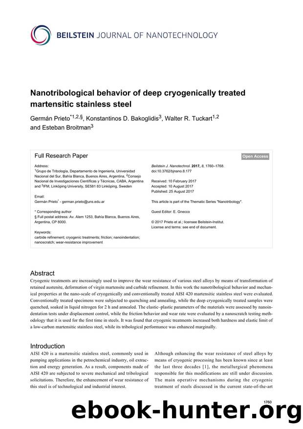 Nanotribological behavior of deep cryogenically treated martensitic stainless steel by Germán Prieto Konstantinos D. Bakoglidis Walter R. Tuckart Esteban Broitman
