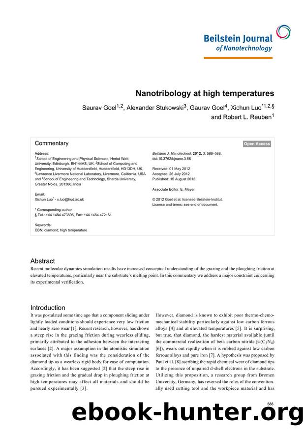 Nanotribology at high temperatures by Saurav Goel Alexander Stukowski Gaurav Goel Xichun Luo Robert L. Reuben