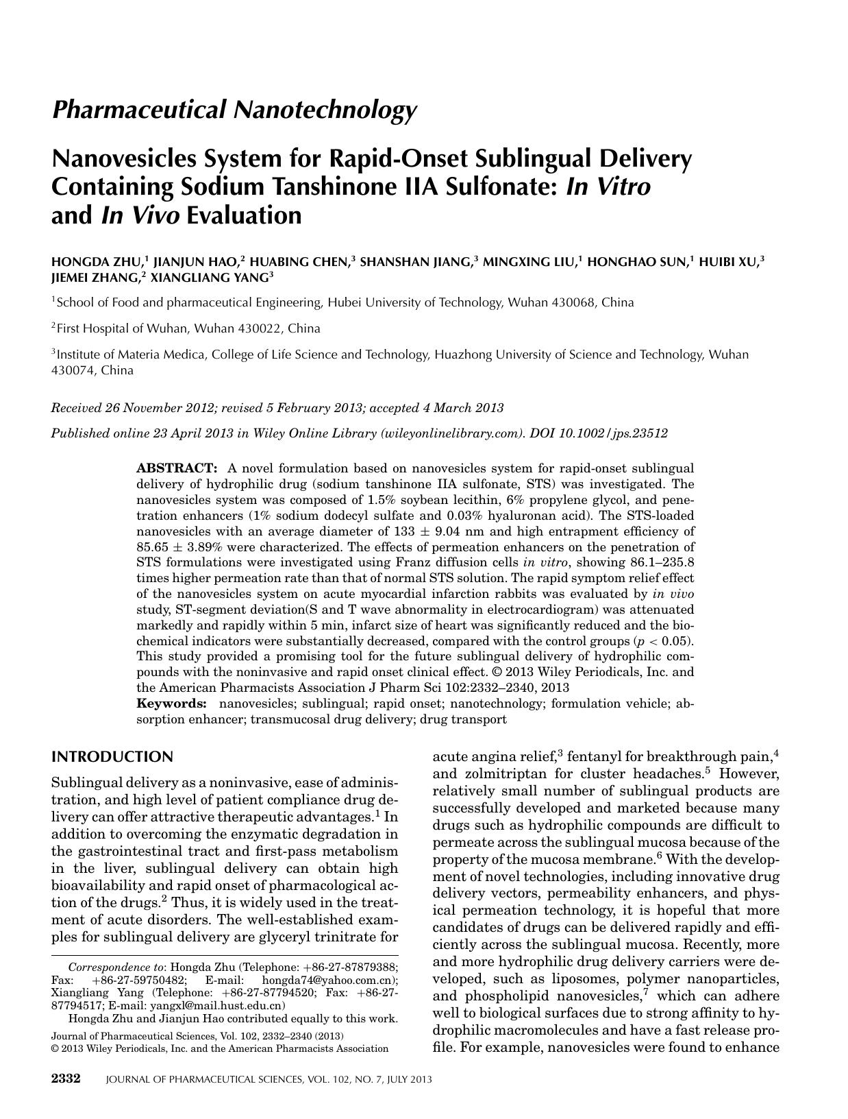 Nanovesicles system for rapidonset sublingual delivery containing sodium tanshinone IIA sulfonate: In vitro and in vivo evaluation by Unknown