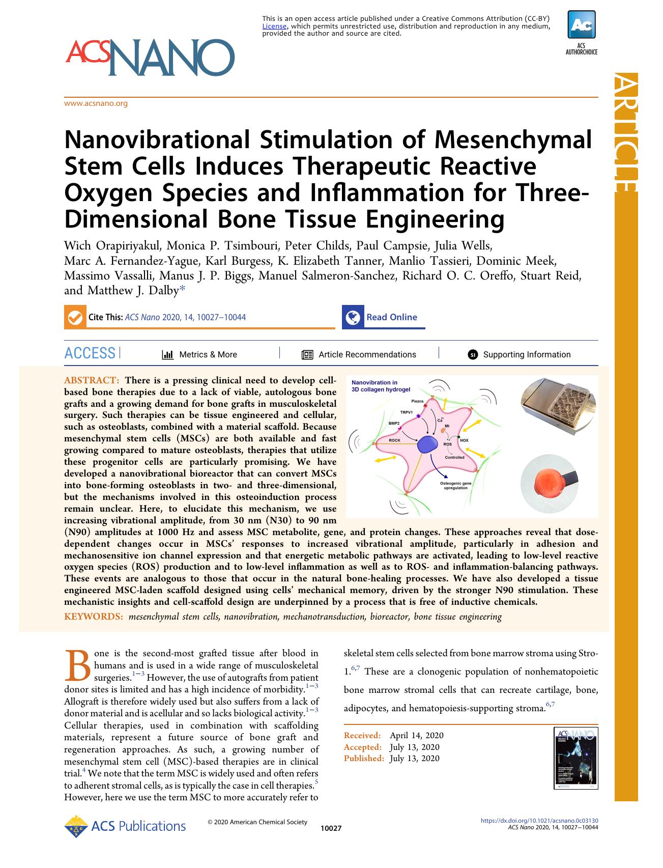 Nanovibrational Stimulation of Mesenchymal Stem Cells Induces Therapeutic Reactive Oxygen Species and Inflammation for Three-Dimensional Bone Tissue Engineering by unknow