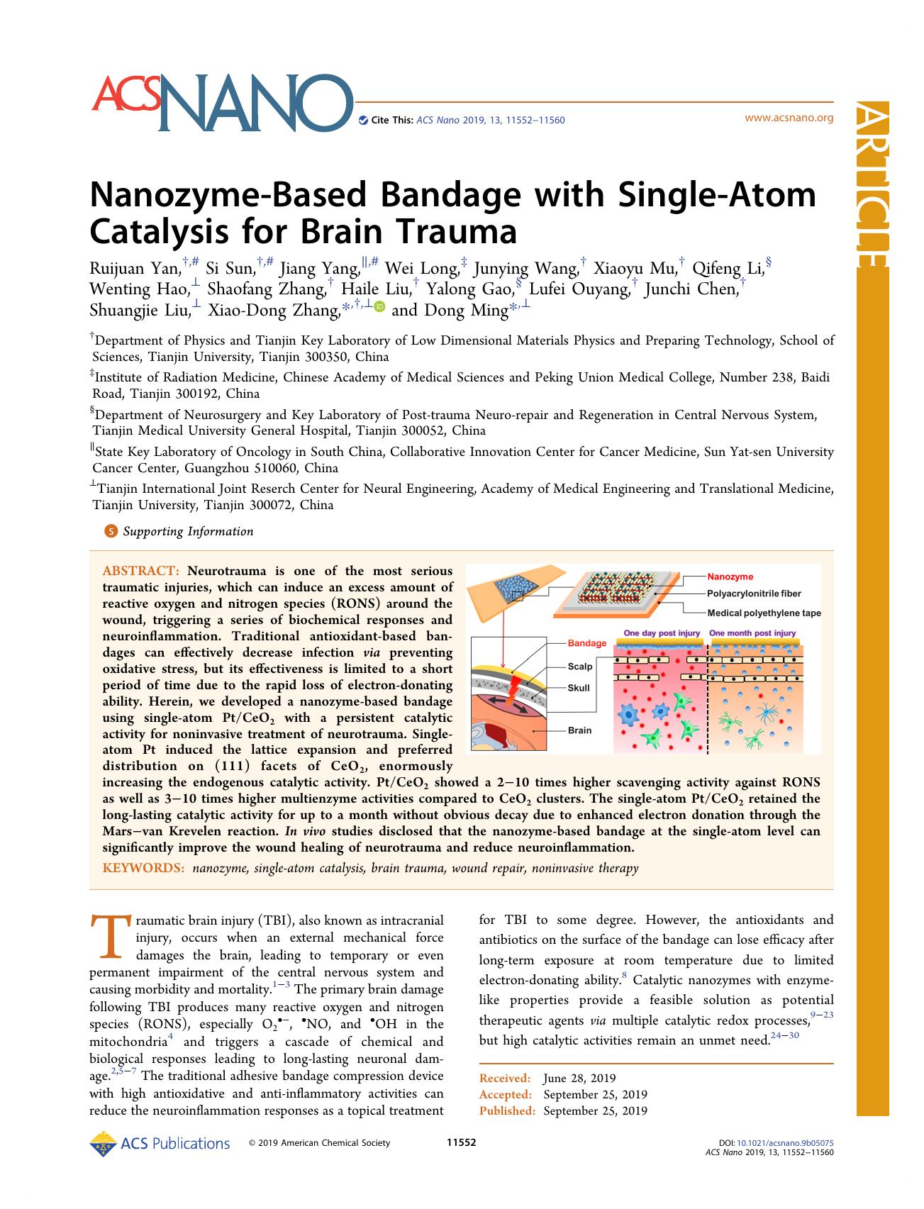 Nanozyme-Based Bandage with Single-Atom Catalysis for Brain Trauma by unknow