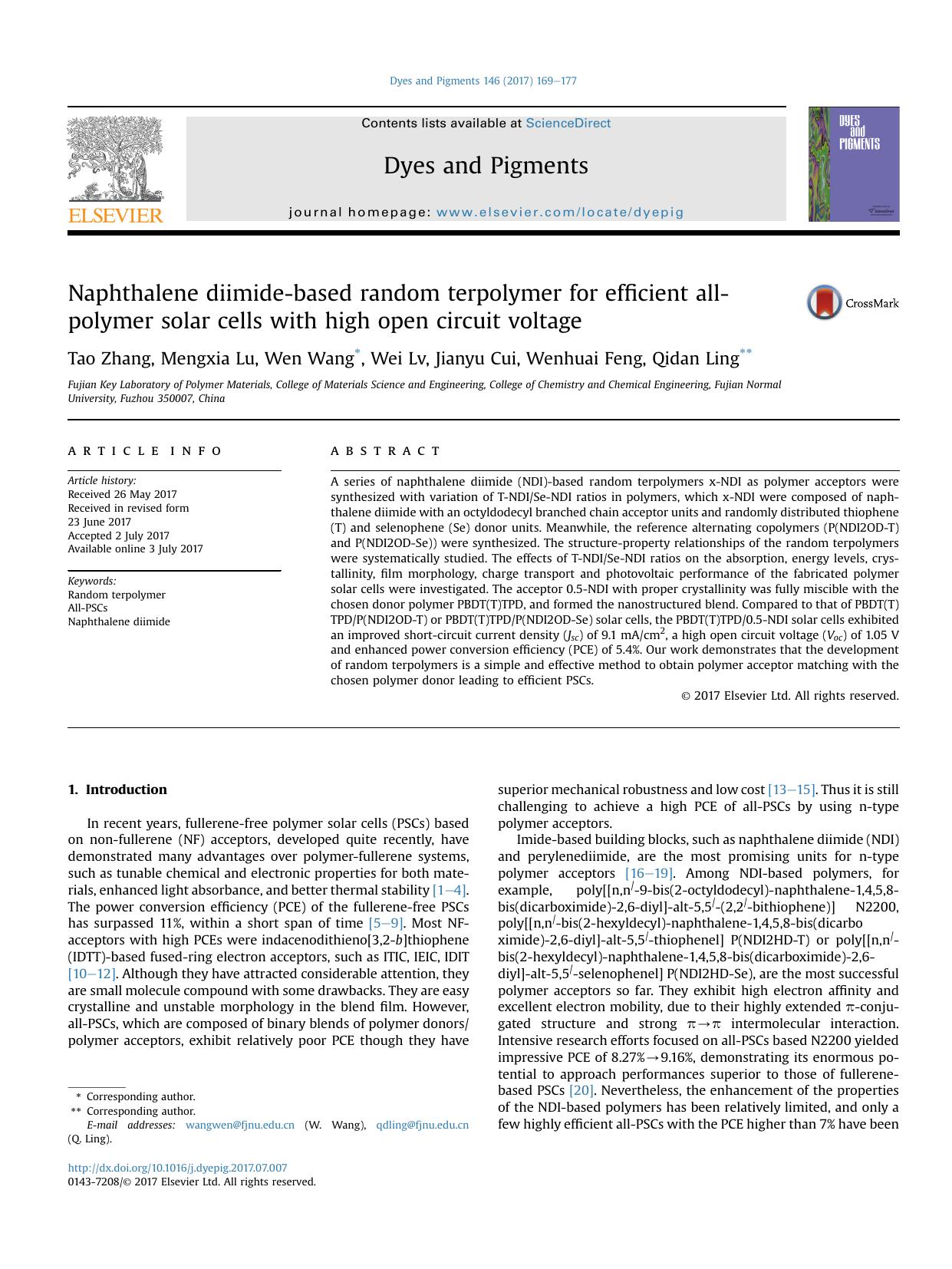 Naphthalene diimide-based random terpolymer for efficient all-polymer solar cells with high open circuit voltage by Tao Zhang & Mengxia Lu & Wen Wang & Wei Lv & Jianyu Cui & Wenhuai Feng & Qidan Ling
