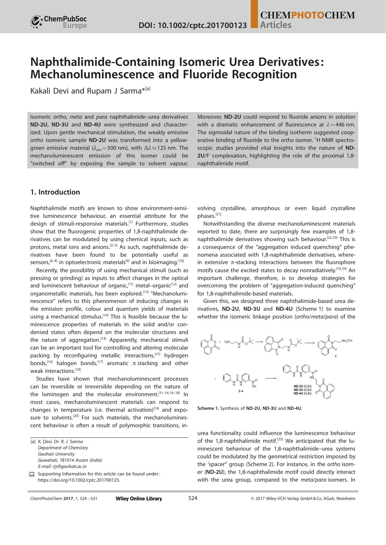 NaphthalimideâContaining Isomeric Urea Derivatives: Mechanoluminescence and Fluoride Recognition by Unknown