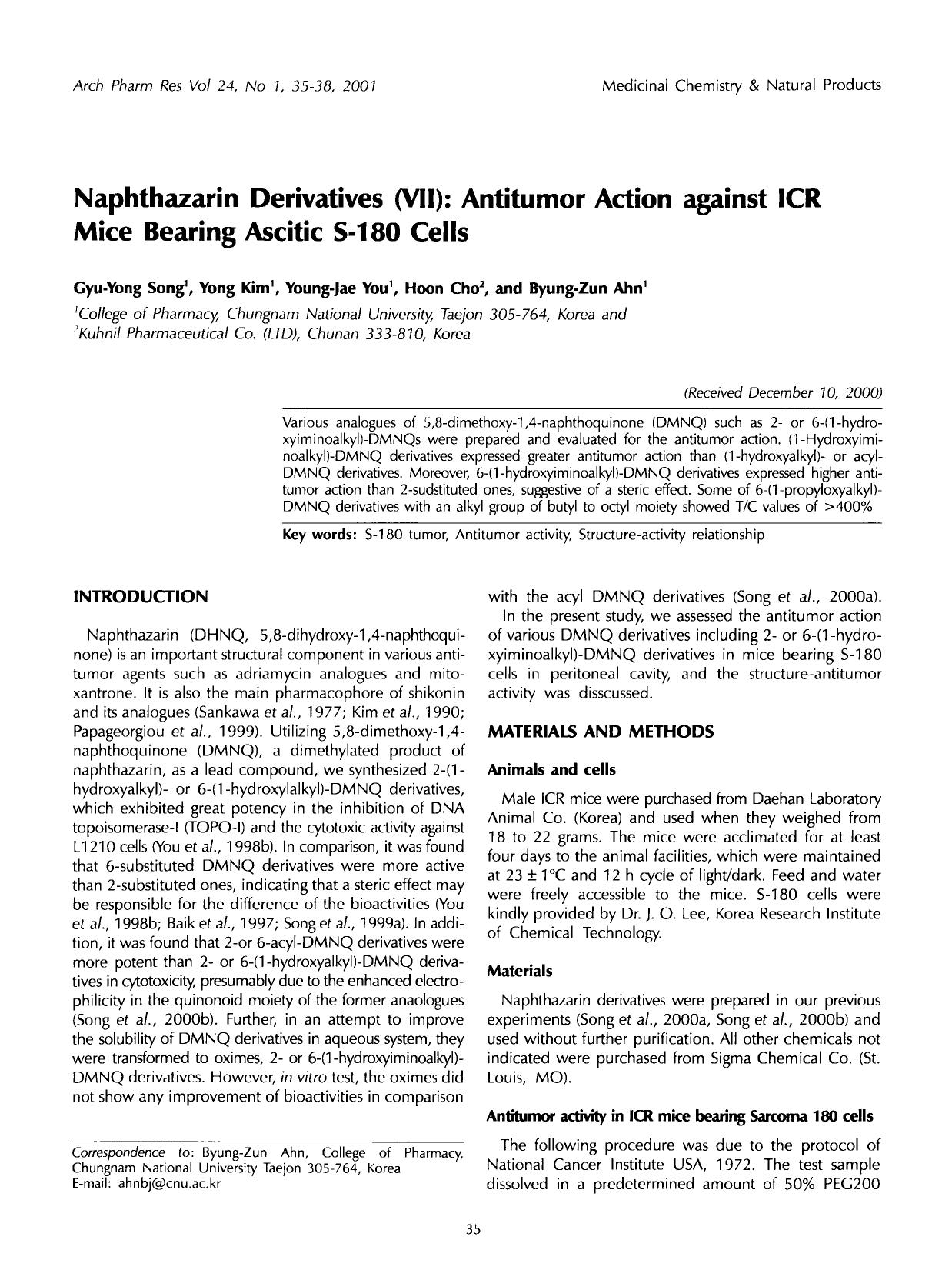 Naphthazarin derivatives (VII): Antitumor action against ICR mice bearing ascitic S-180 cells by Unknown