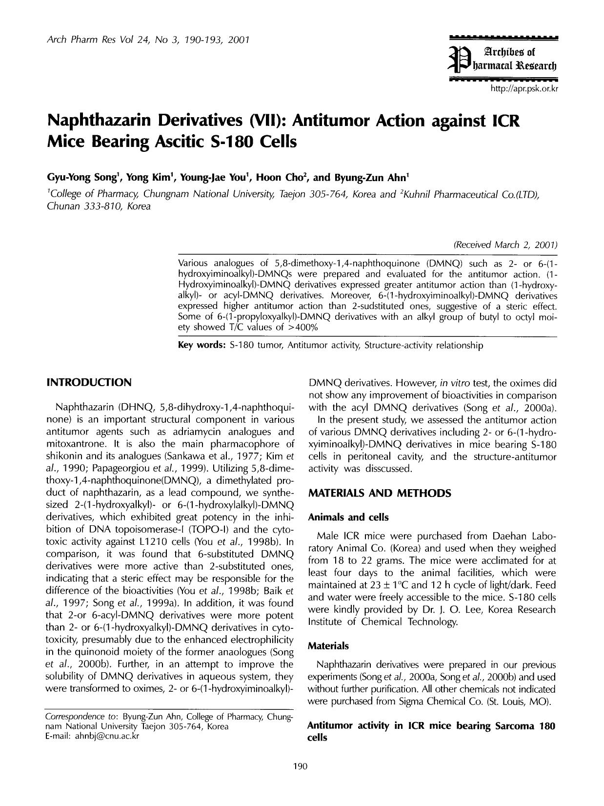 Naphthazarin derivatives (VII): antitumor action against ICR mice bearing ascitic S-180 cells by Unknown