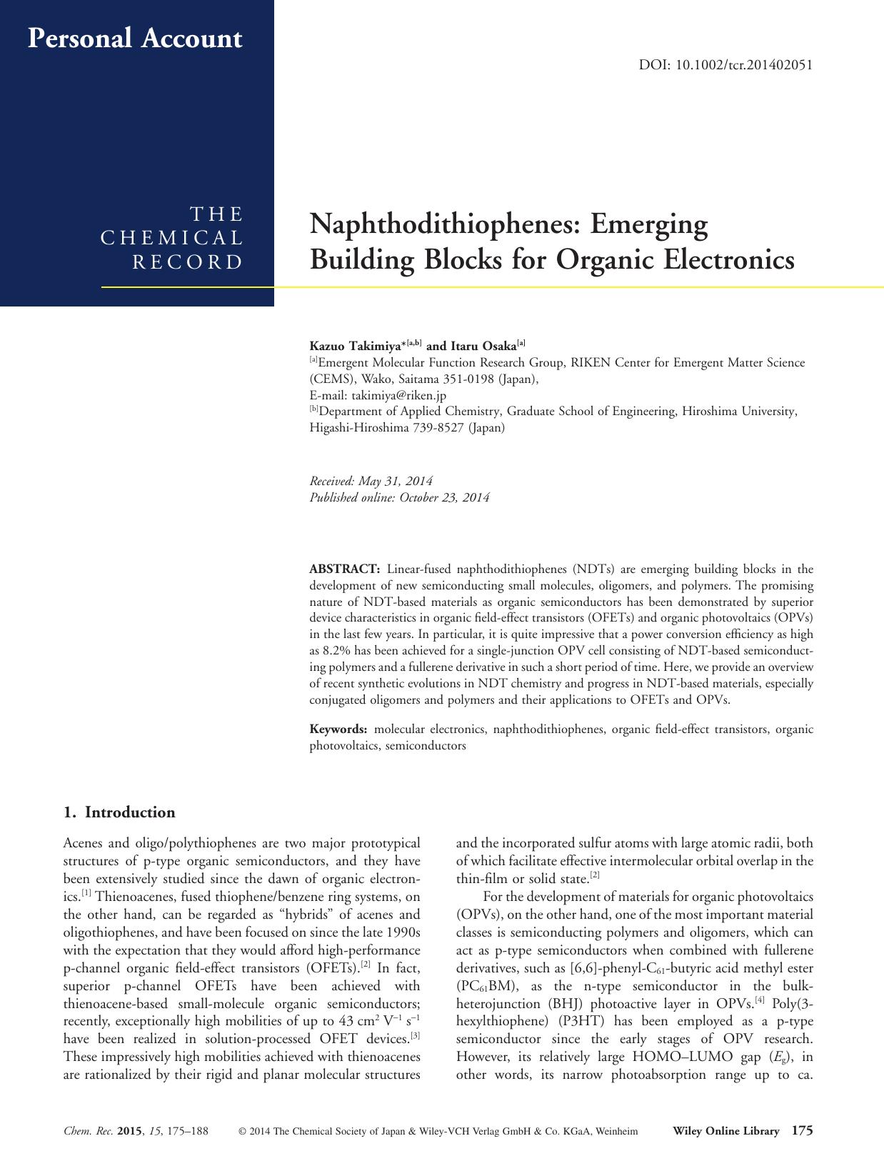 Naphthodithiophenes: Emerging Building Blocks for Organic Electronics by Unknown