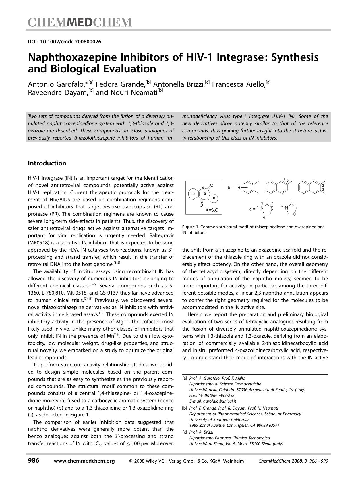 Naphthoxazepine Inhibitors of HIV-1 Integrase: Synthesis and Biological Evaluation by Unknown