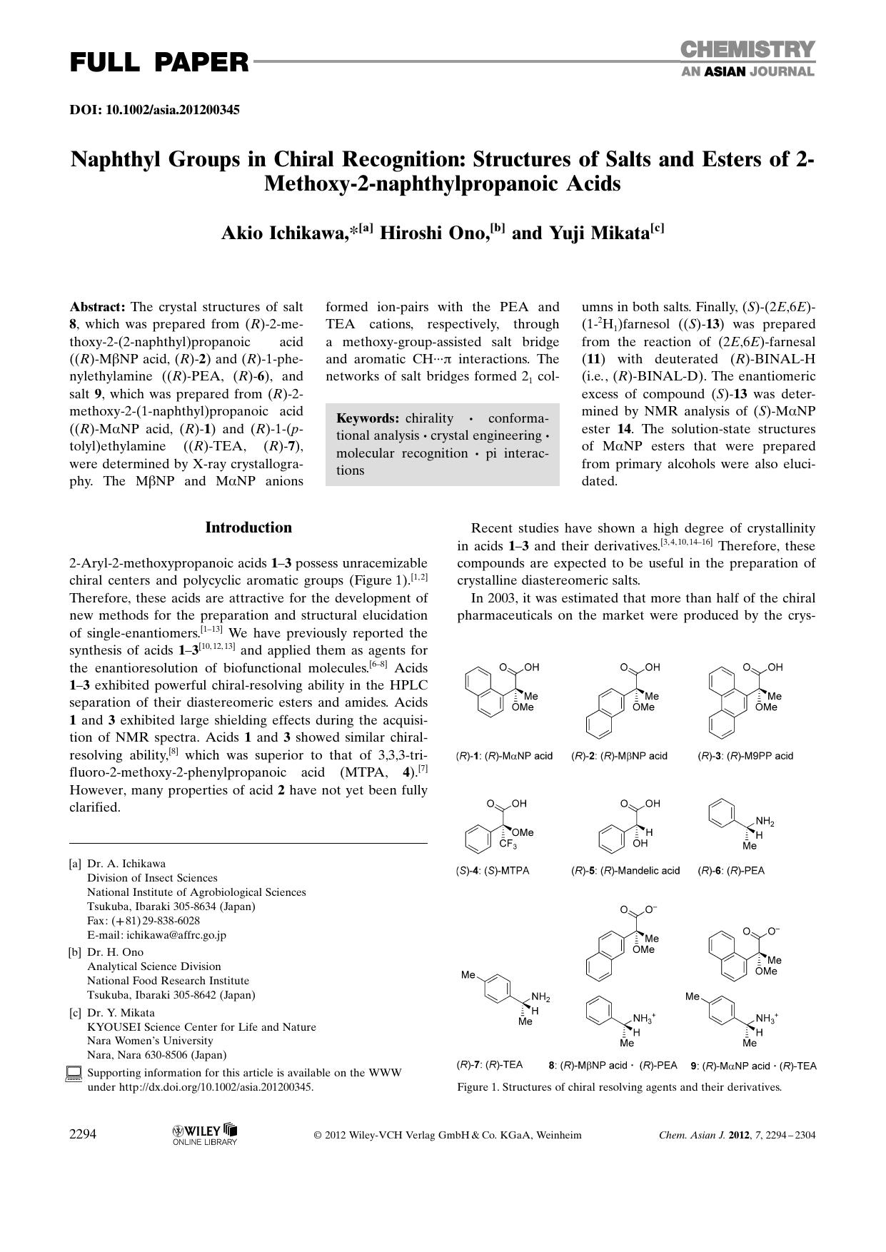 Naphthyl Groups in Chiral Recognition: Structures of Salts and Esters of 2Methoxy2naphthylpropanoic Acids by Unknown