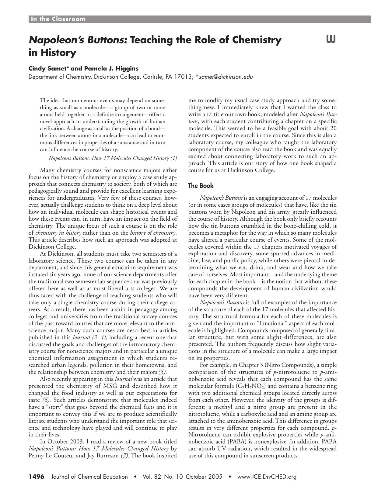 Napoleon's Buttons: Teaching the Role of Chemistry in History by Cindy Samet & Pamela J. Higgins