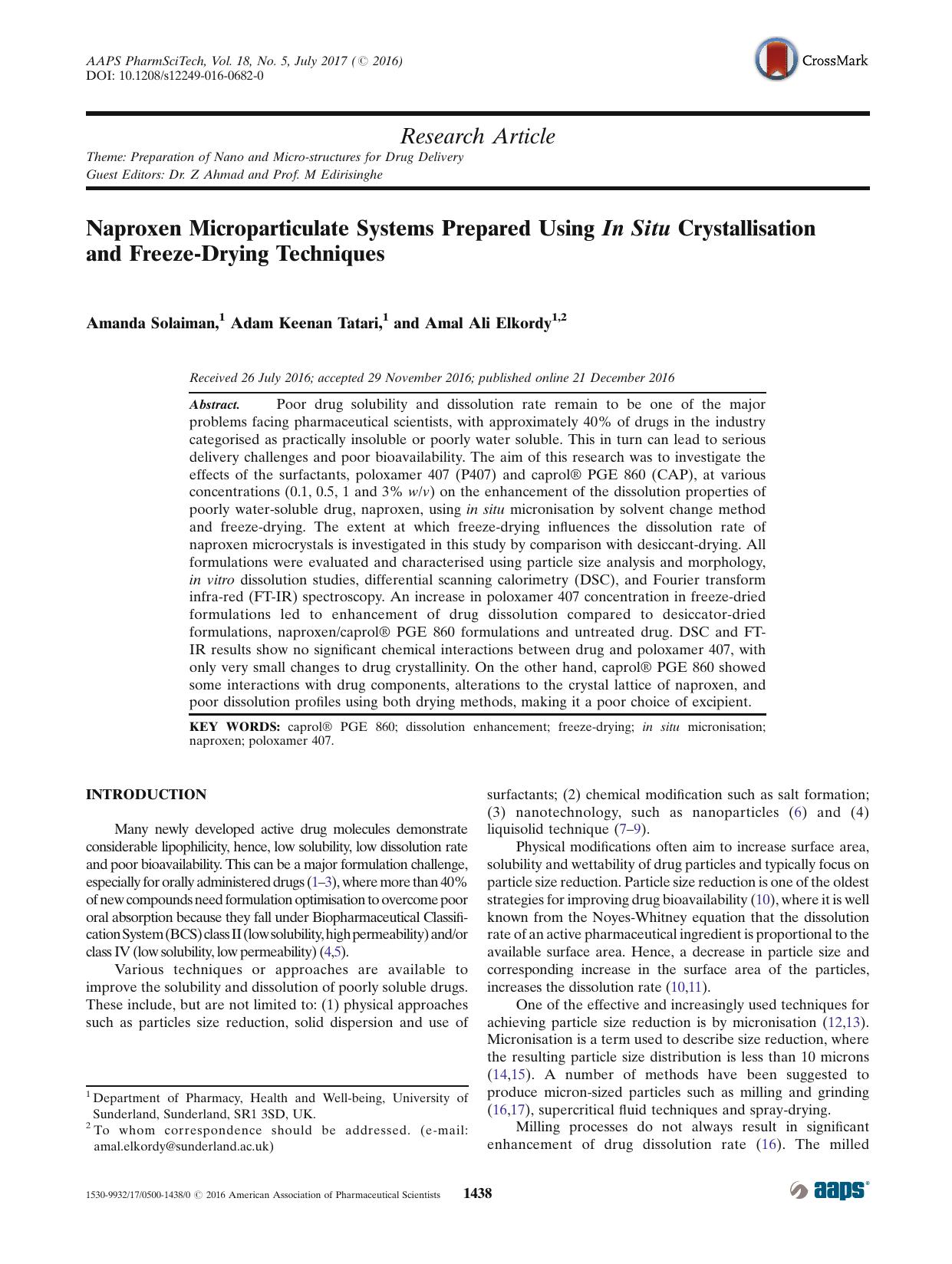 Naproxen Microparticulate Systems Prepared Using In Situ Crystallisation and Freeze-Drying Techniques by Amanda Solaiman & Adam Keenan Tatari & Amal Ali Elkordy