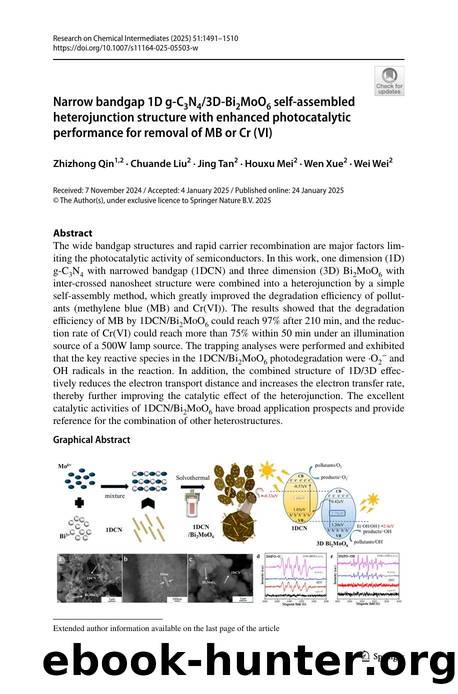 Narrow bandgap 1D g-C3N43D-Bi2MoO6 self-assembled heterojunction structure with enhanced photocatalytic performance for removal of MB or Cr (VI) by Zhizhong Qin & Chuande Liu & Jing Tan & Houxu Mei & Wen Xue & Wei Wei