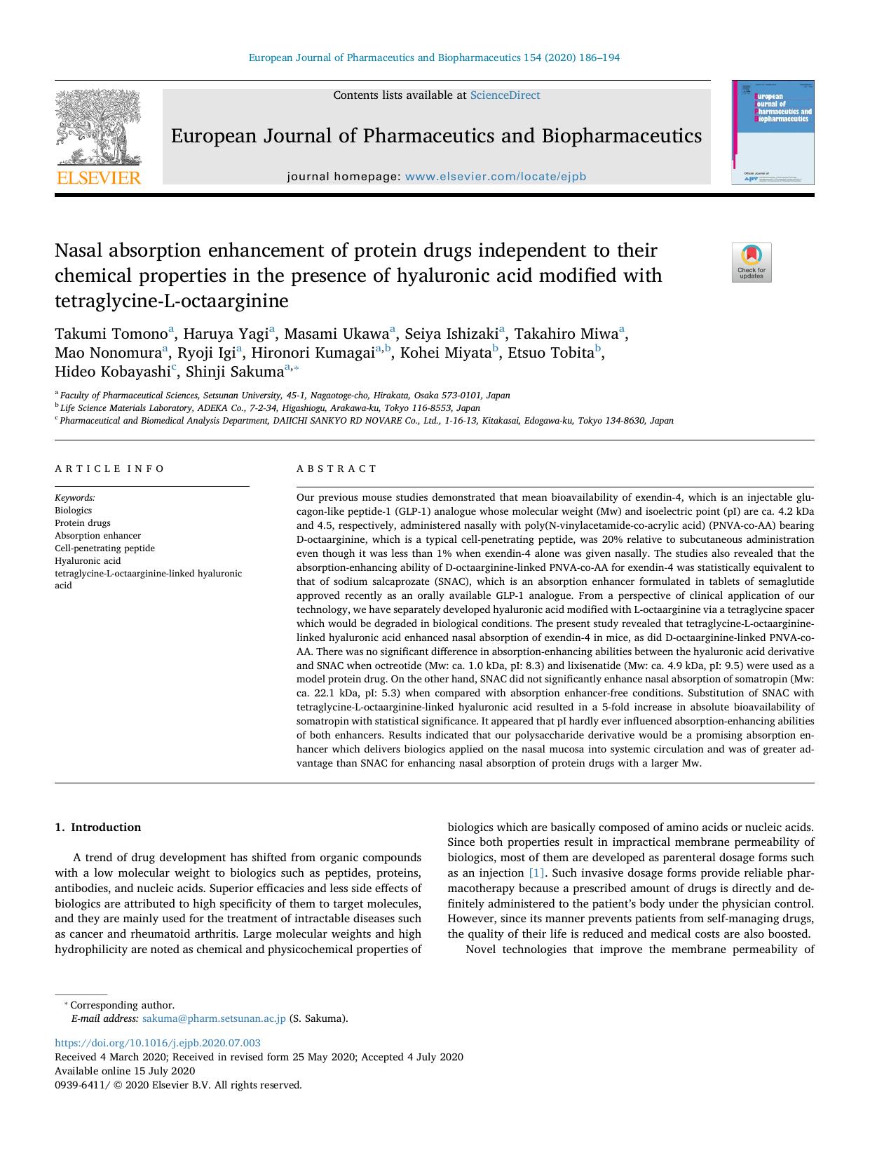 Nasal absorption enhancement of protein drugs independent to their chemical properties in the presence of hyaluronic acid modified with tetraglycine-L-octaarginine by unknow