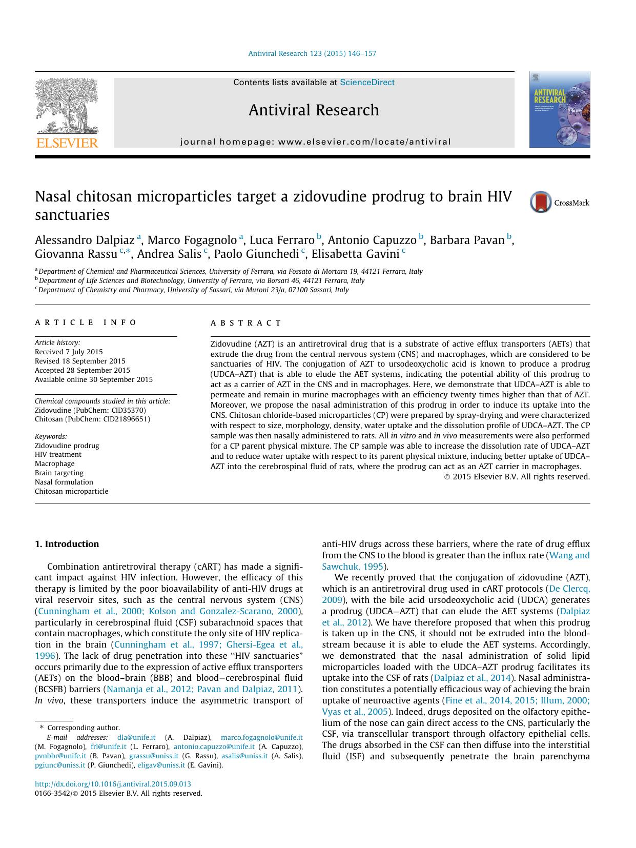 Nasal chitosan microparticles target a zidovudine prodrug to brain HIV sanctuaries by unknow