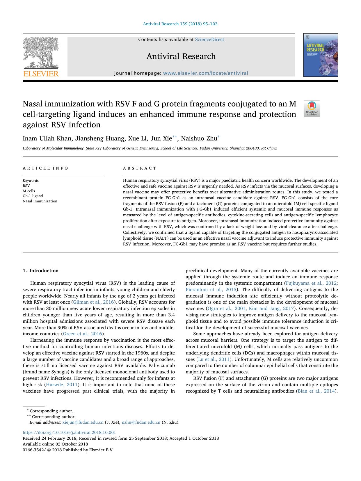 Nasal immunization with RSV F and G protein fragments conjugated to an M cell-targeting ligand induces an enhanced immune response and protection against RSV infection by Inam Ullah Khan & Jiansheng Huang & Xue Li & Jun Xie & Naishuo Zhu