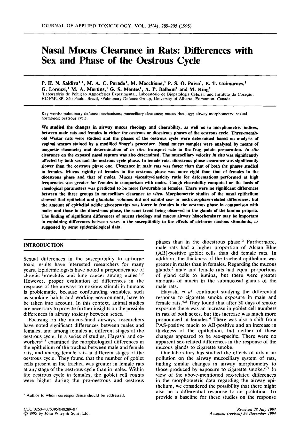 Nasal mucus clearance in rats: Differences with sex and phase of the oestrous cycle by Unknown