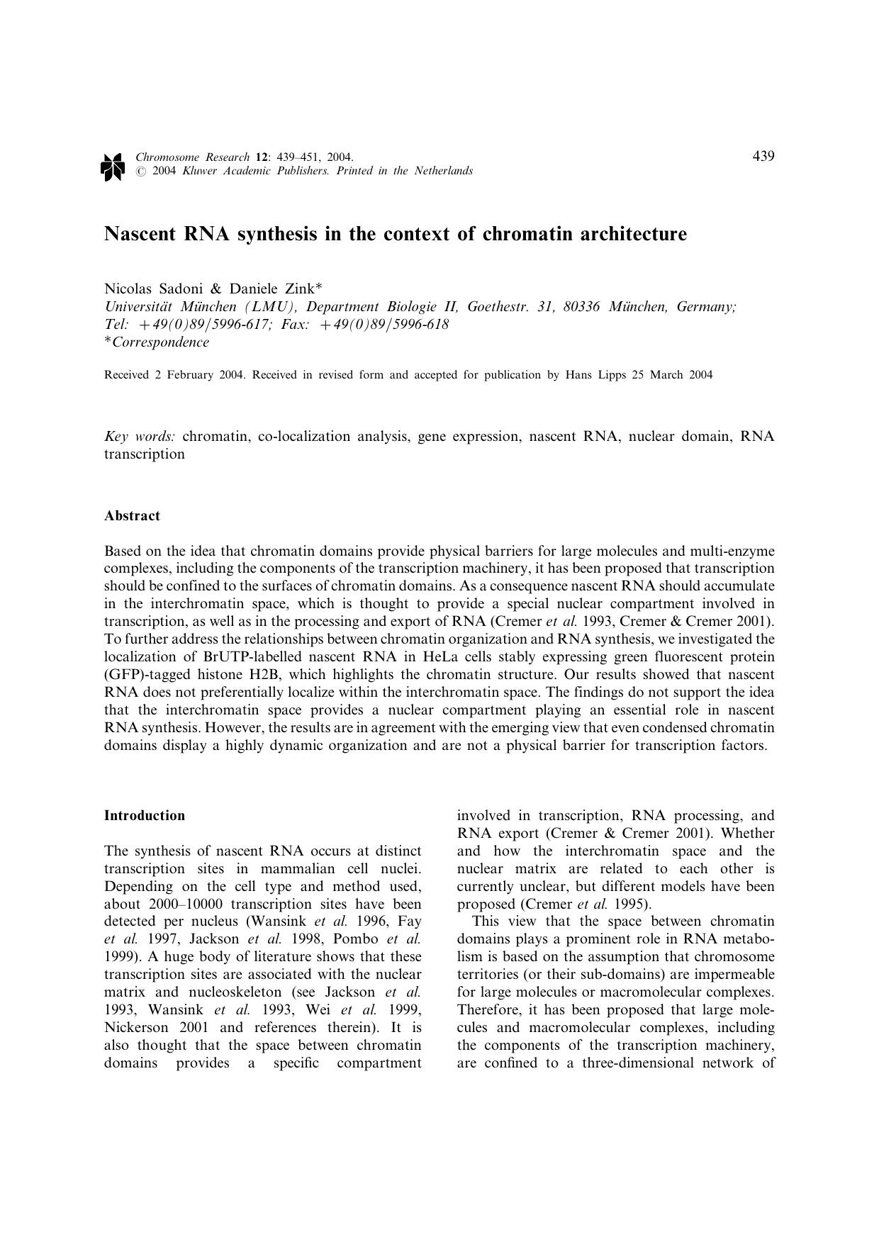 Nascent RNA synthesis in the context of chromatin architecture by Unknown