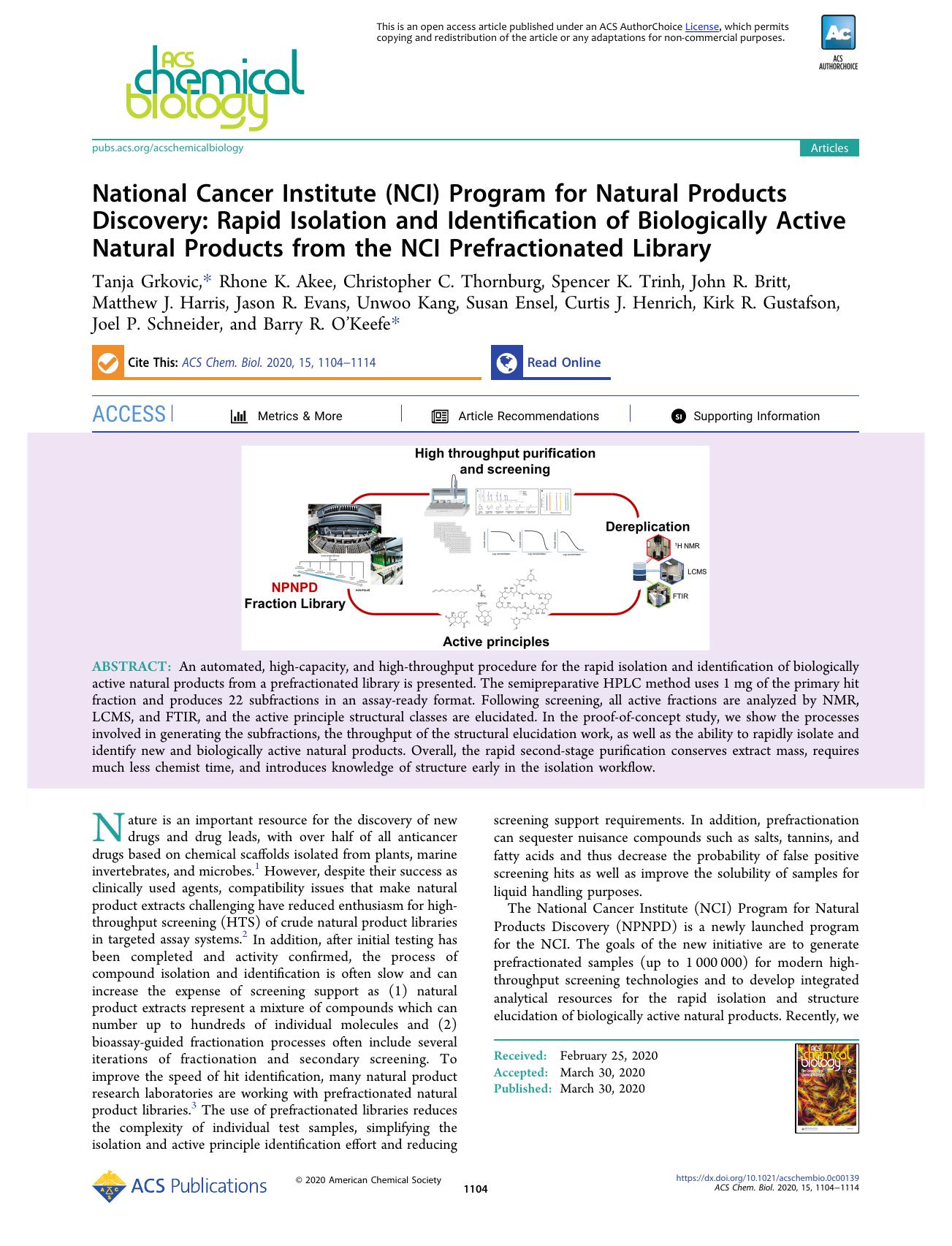 National Cancer Institute (NCI) Program for Natural Products Discovery: Rapid Isolation and Identification of Biologically Active Natural Products from the NCI Prefractionated Library by unknow