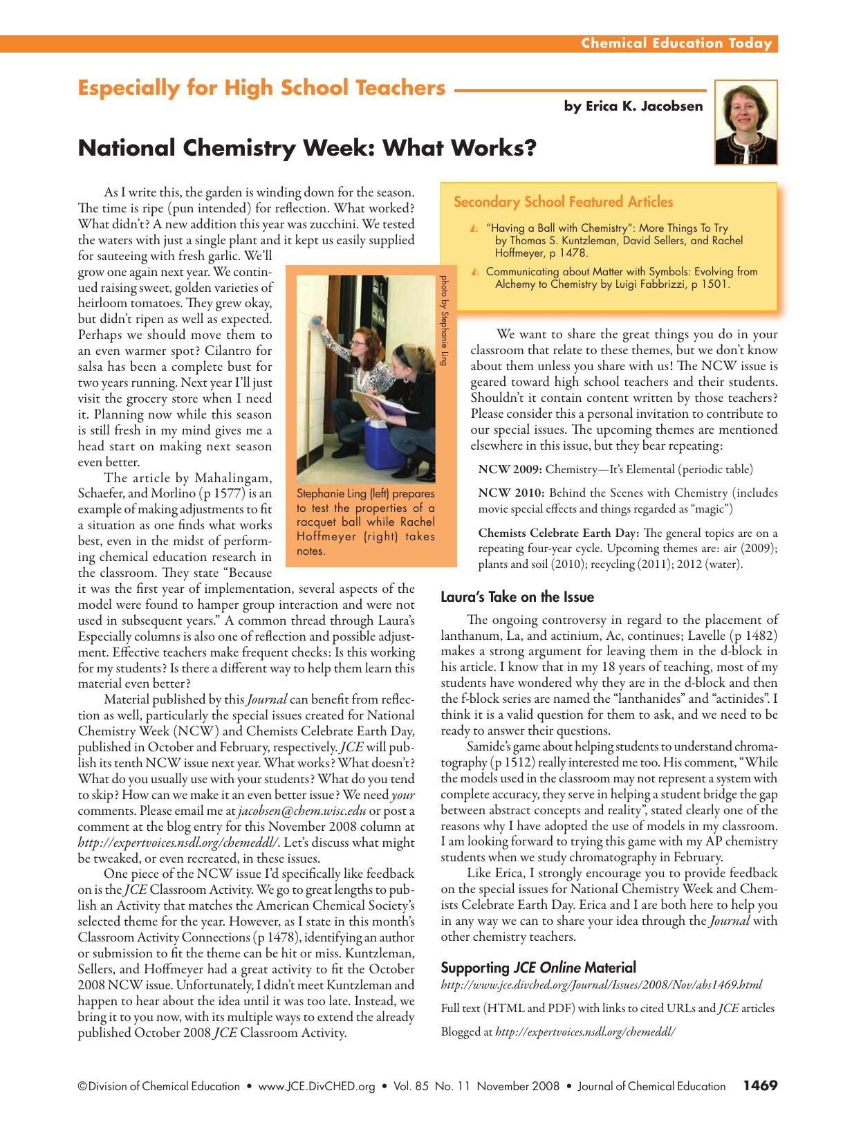 National Chemistry Week: What Works? by Erica K. Jacobsen and Laura E. Slocum