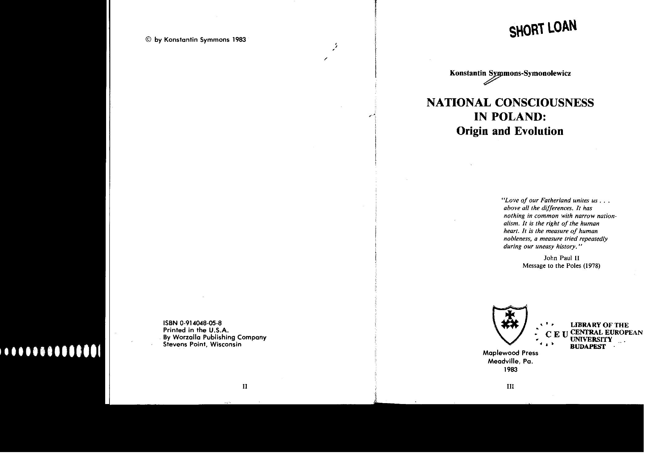 National Consciousness in Poland: Origin and Evolution by Konstantin Symmons-Symonolewicz