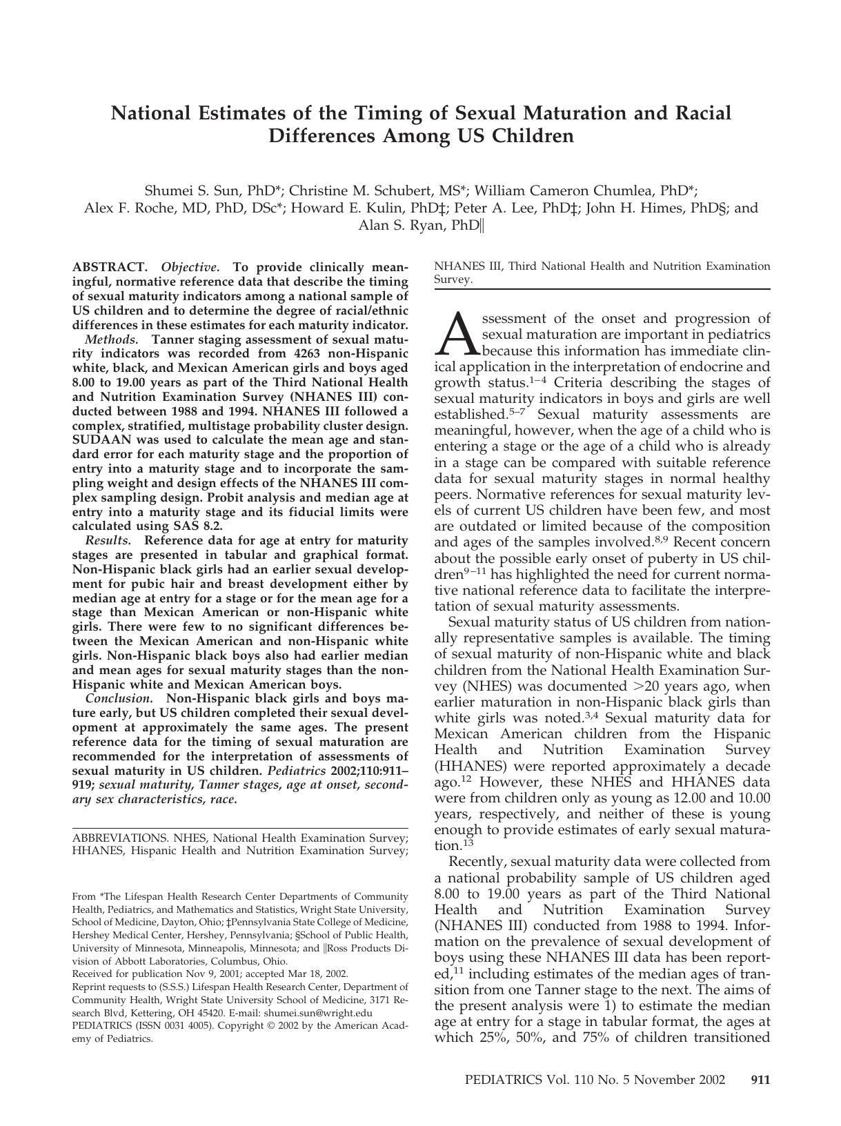 National Estimates of the Timing of Sexual Maturation and Racial Differences Among US Children (2002) by Shumei S. Sun, et al by Unknown