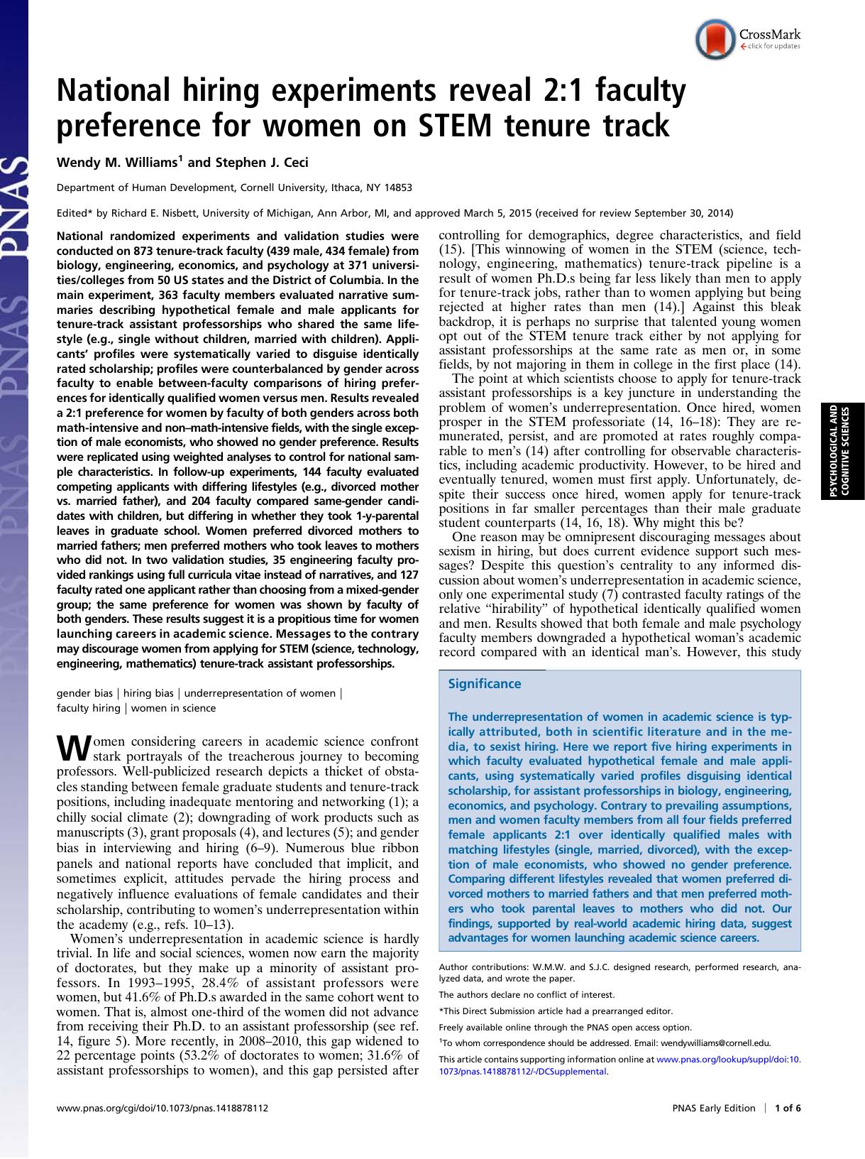 National Hiring Experiments Reveal 2-1 Faculty Preference for Women on STEM Tenure Track (2015) by Wendy M. Williams & Stephen J. Ceci by Unknown