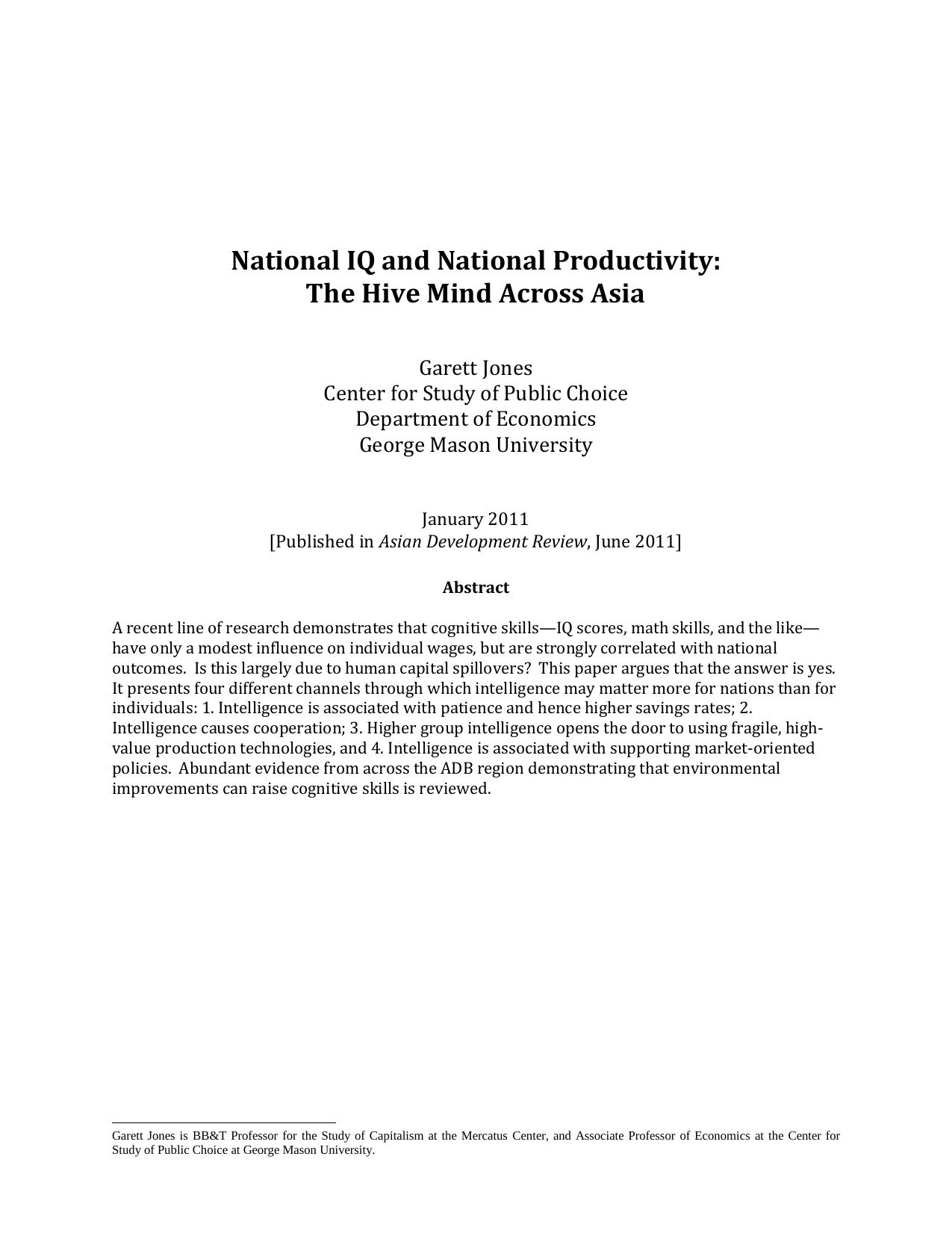 National IQ and National Productivity by George Mason University