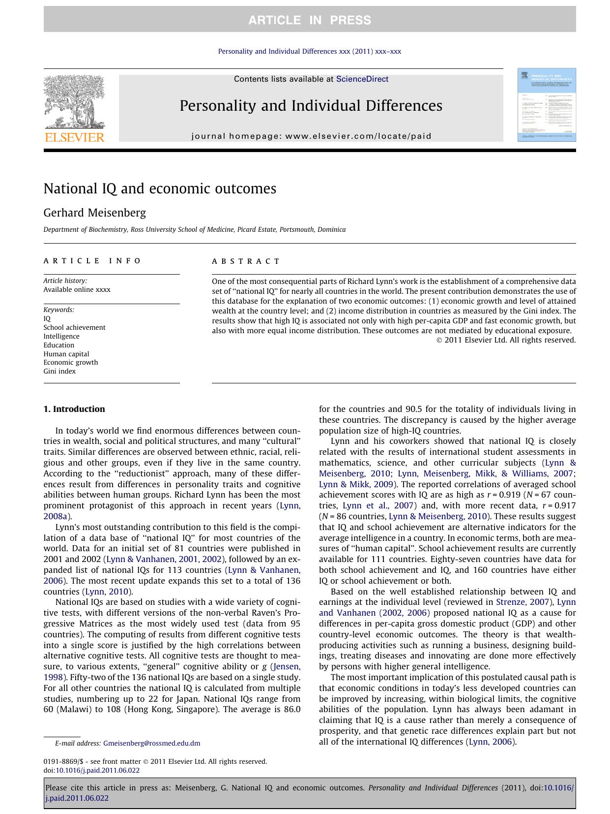 National IQ and economic outcomes by Gerhard Meisenberg