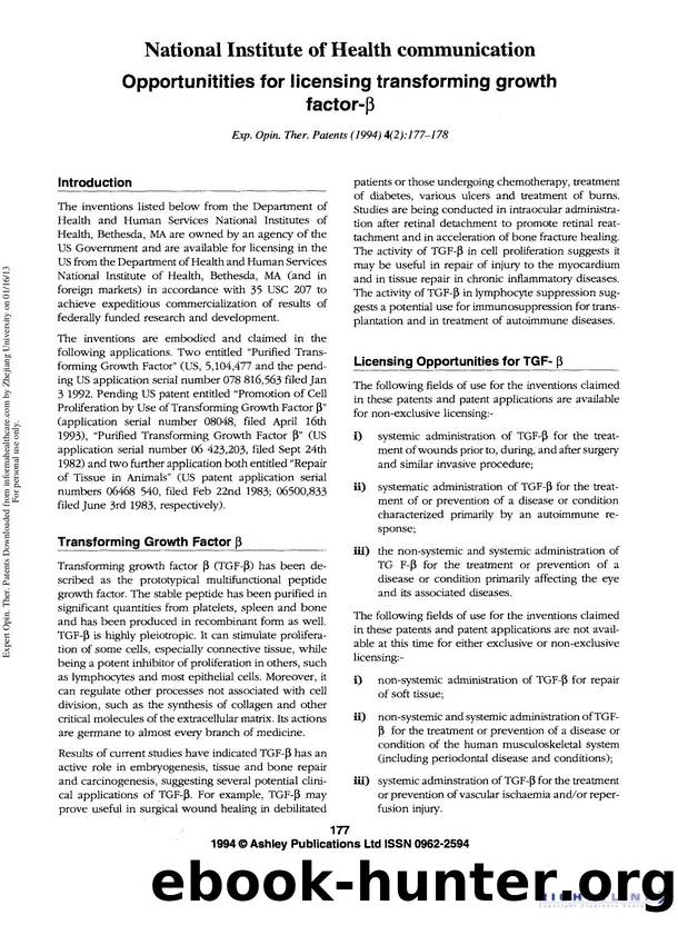 National Institute of Health communication Opportunities for licensing transforming growth factor-Î² by Unknown