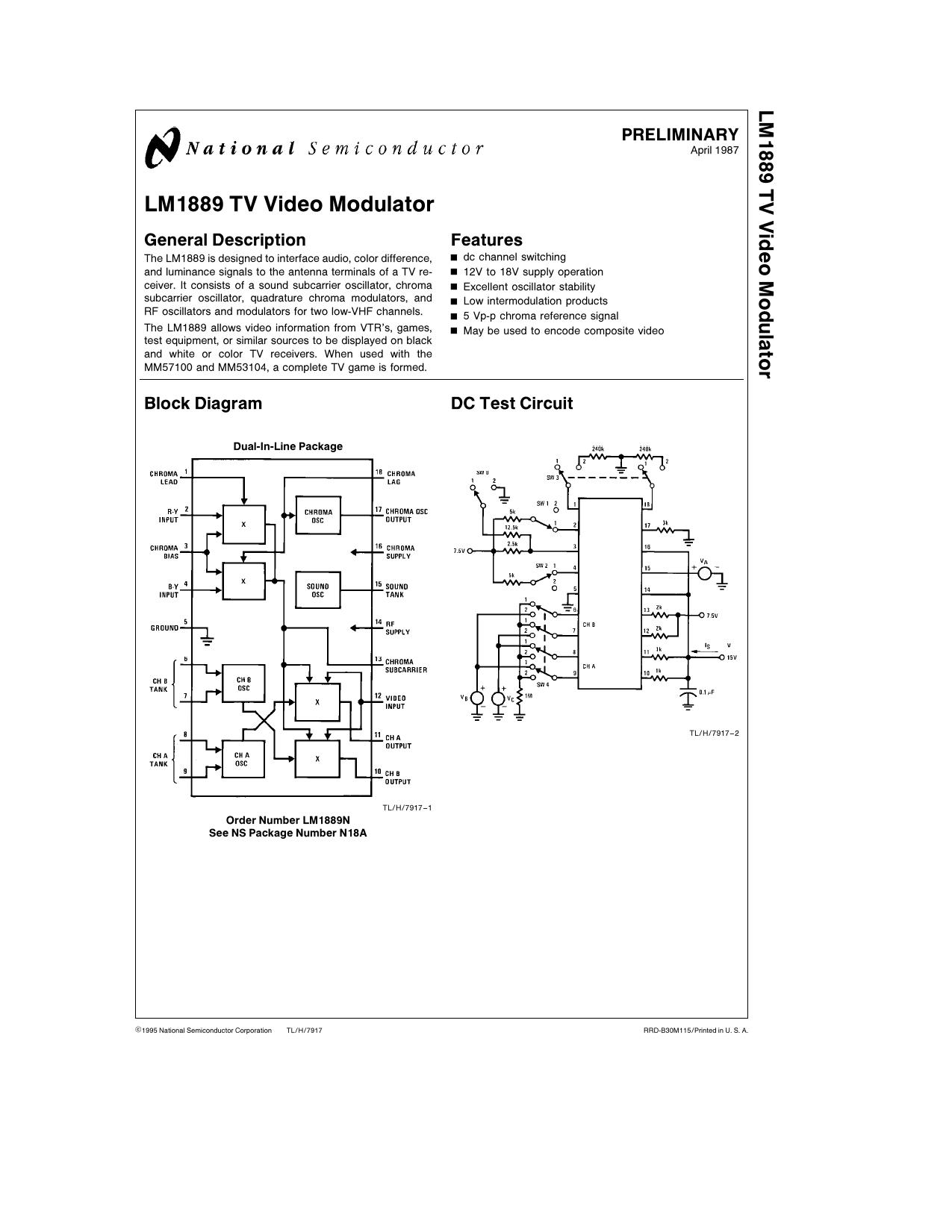 National LM1889 TV Video Modulator datasheet by Unknown