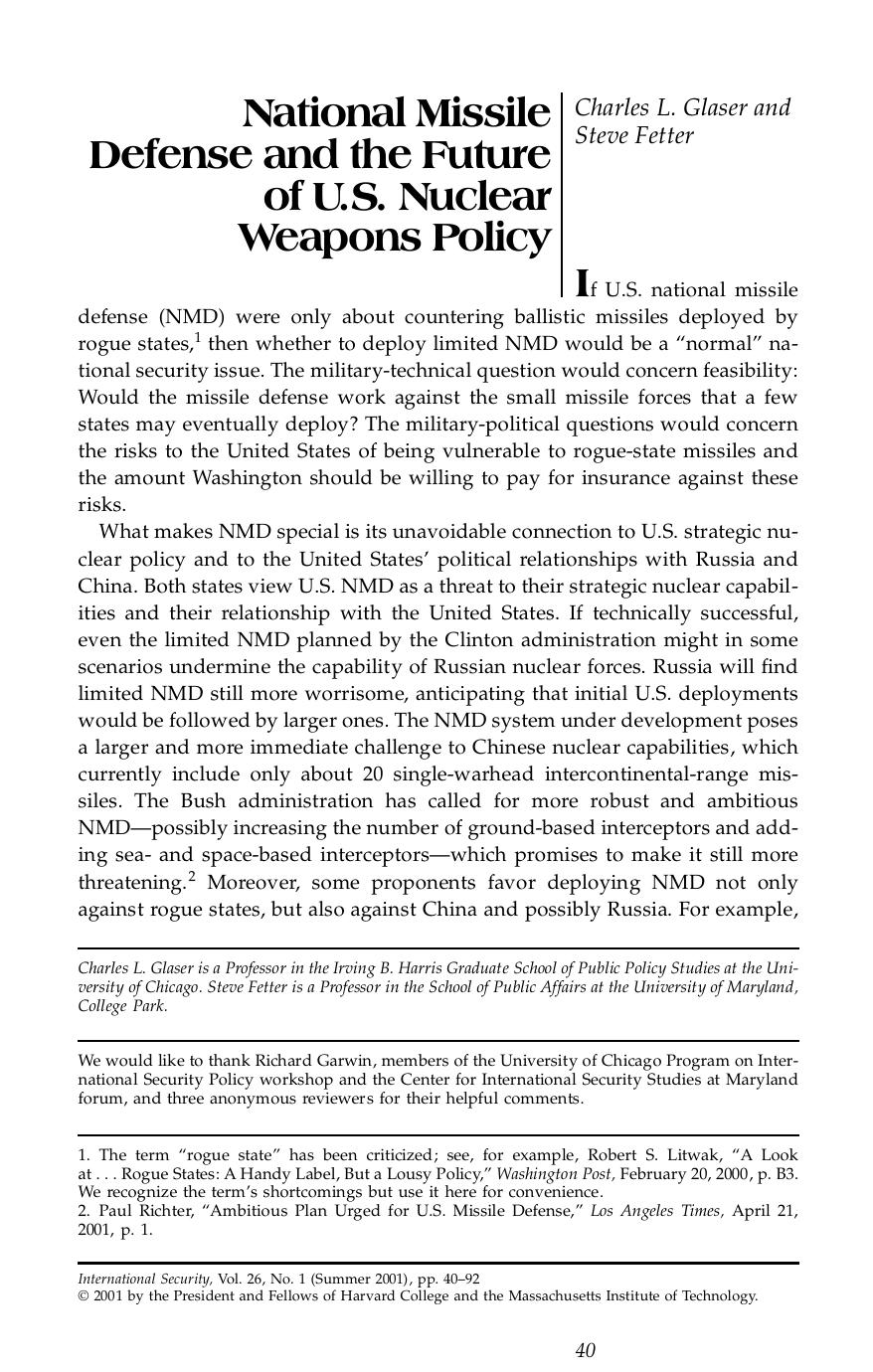 National Missile Defense and the Future of U.S. Nuclear Weapons Policy by Unknown
